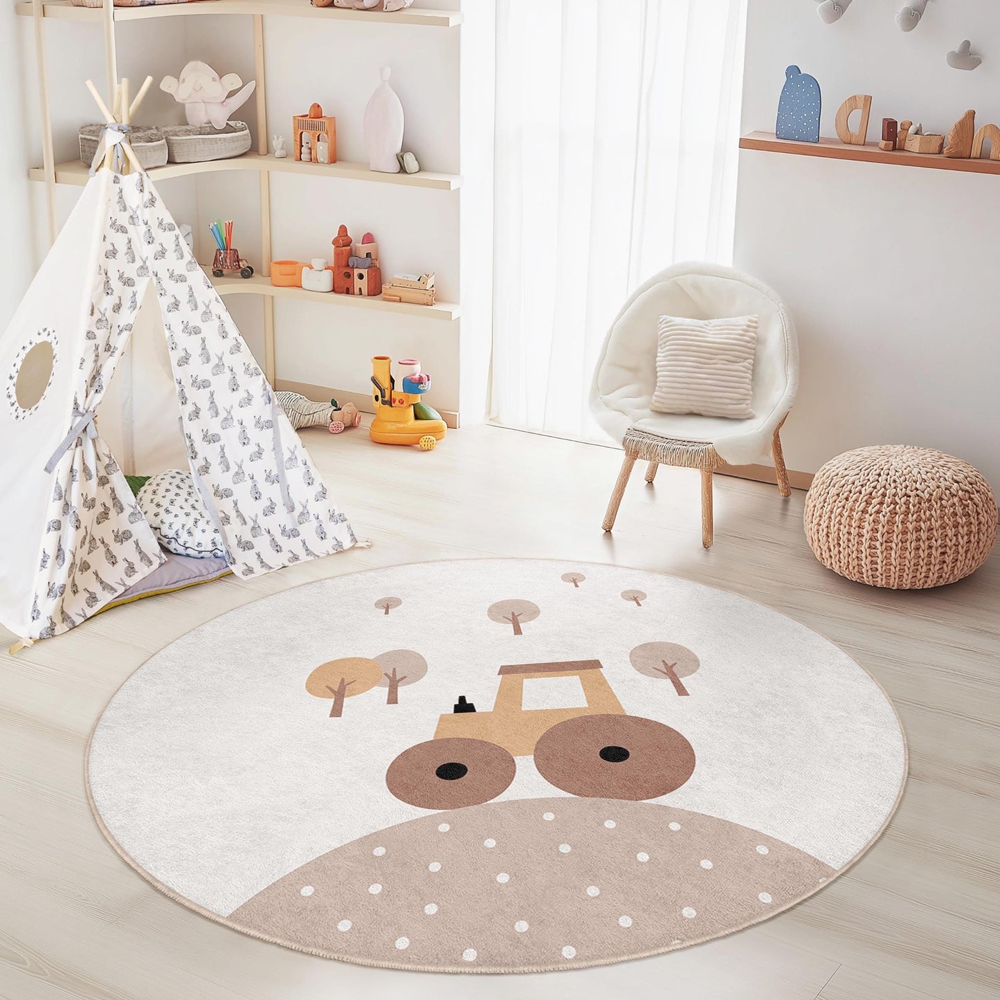 Cute Tractor Round Kids Rug, Farm Animal Play Mat, Nursery Decor, Childrens Round Carpet, Soft Playroom Rug, Cozy Kids Room Accessory