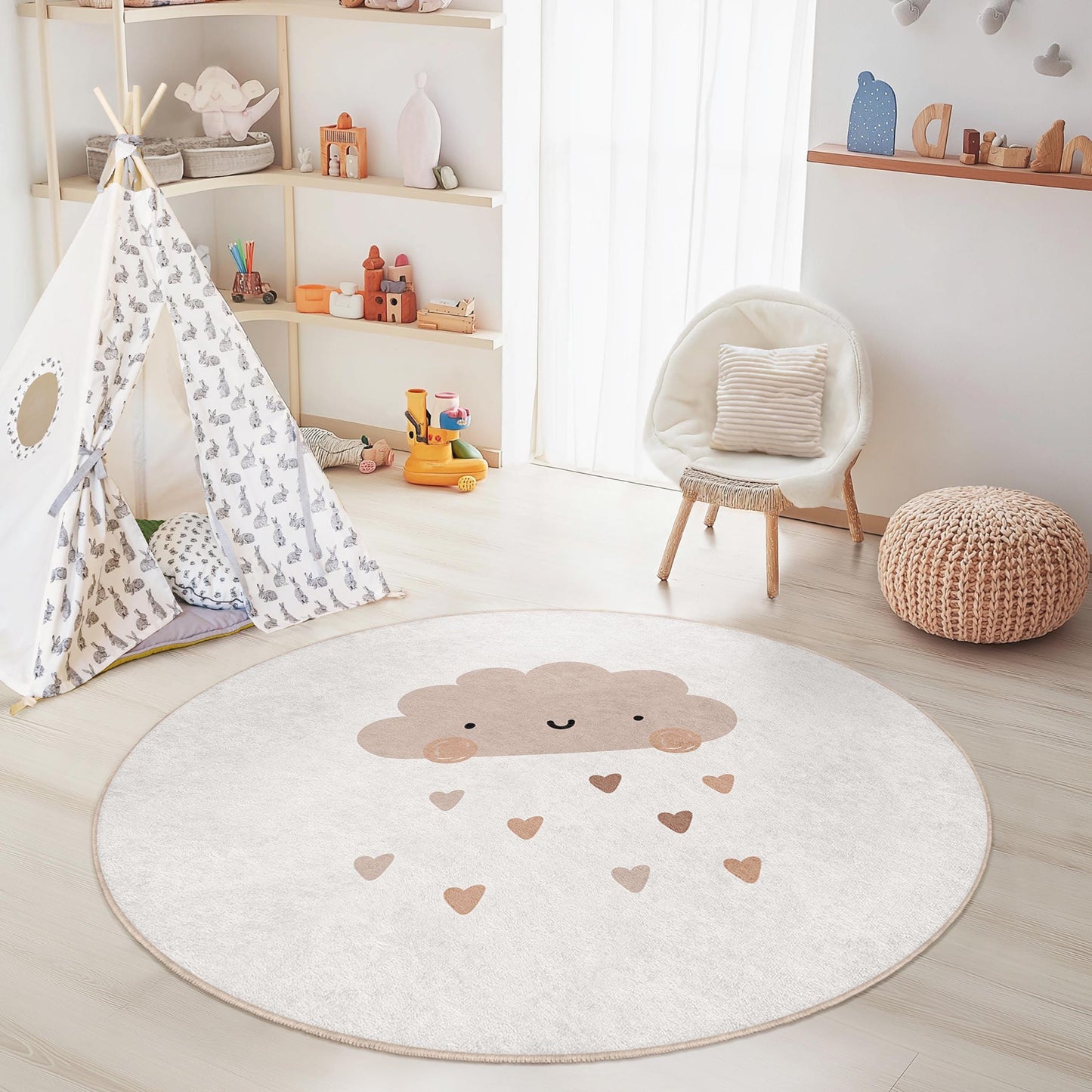 Niedlicher runder Wolken-Kinderteppich, bezaubernder Kinderzimmerteppich, weicher Spielteppich, Herz-Regen-Babymatte, Kinderzimmerdekoration