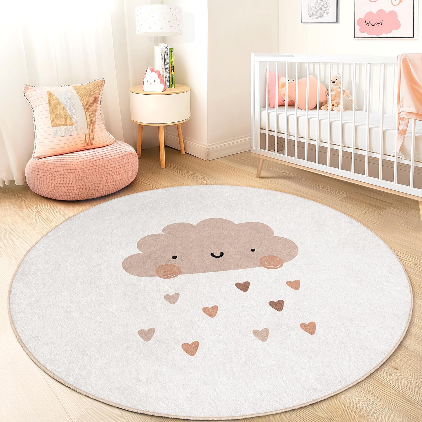 Niedlicher runder Wolken-Kinderteppich, bezaubernder Kinderzimmerteppich, weicher Spielteppich, Herz-Regen-Babymatte, Kinderzimmerdekoration