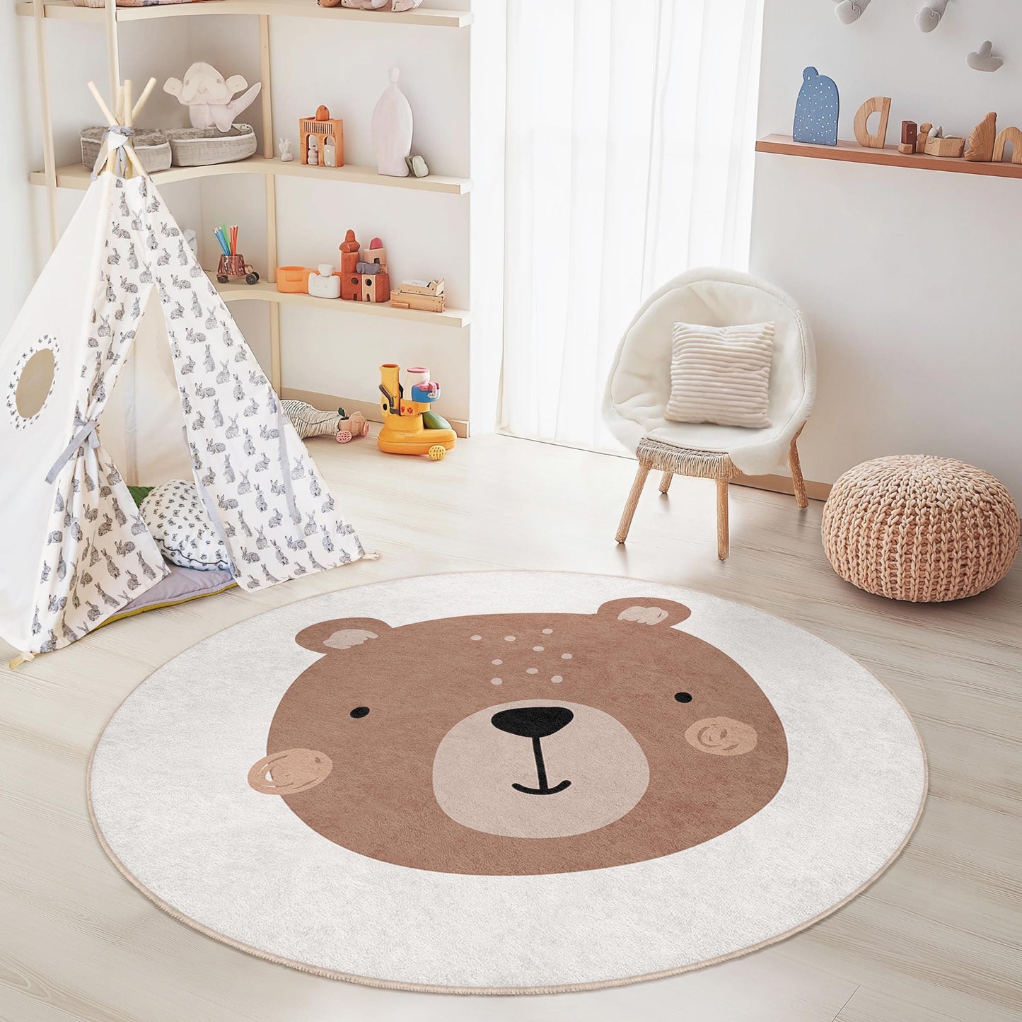 Runder Kinderteppich mit niedlichem Bärenmotiv, bezaubernde Spielmatte mit Bärenmotiv, runder Kinderzimmerteppich, weiche Kinderzimmerdekoration, Teppich mit Tiermotiv, Spielzimmeraccessoire