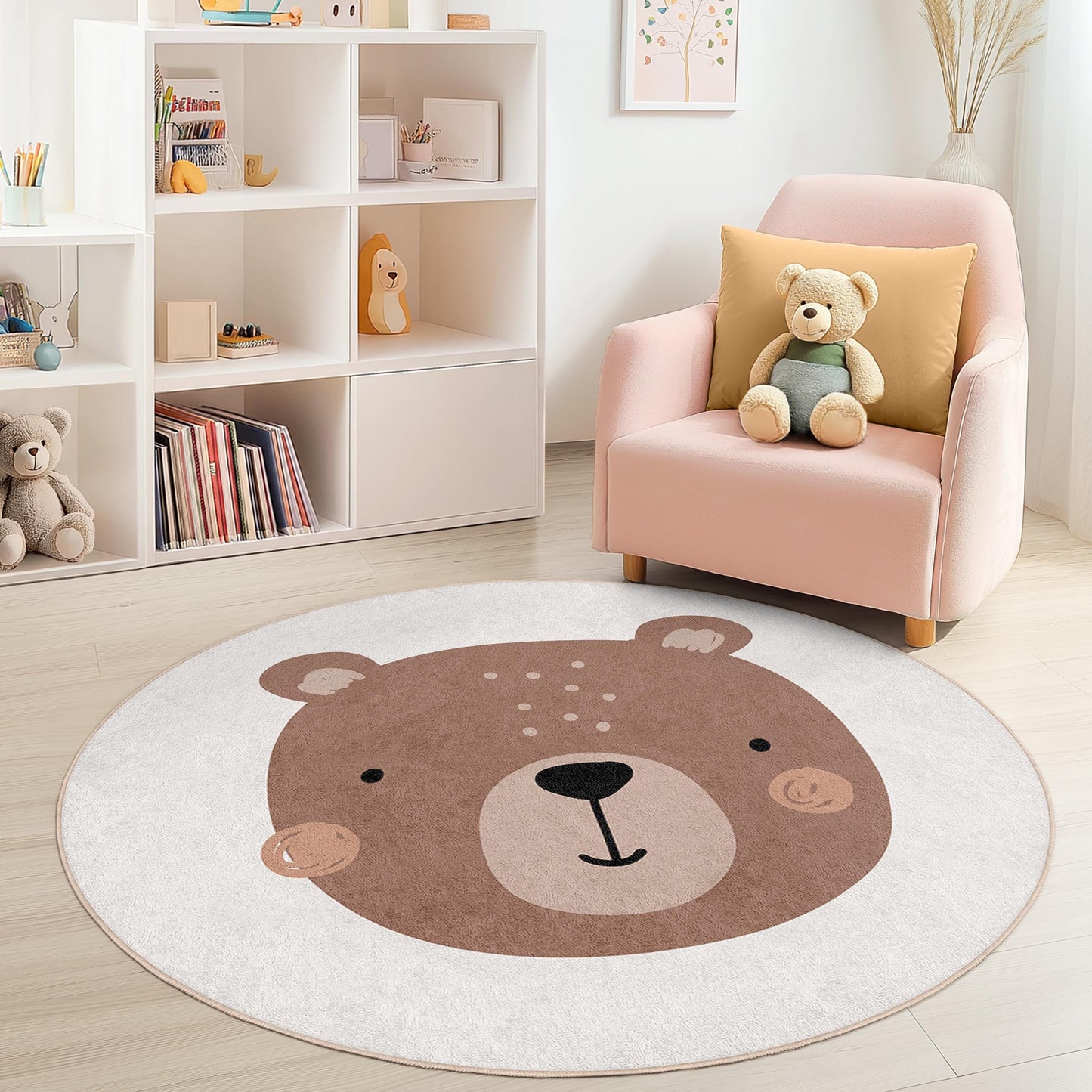 Runder Kinderteppich mit niedlichem Bärenmotiv, bezaubernde Spielmatte mit Bärenmotiv, runder Kinderzimmerteppich, weiche Kinderzimmerdekoration, Teppich mit Tiermotiv, Spielzimmeraccessoire