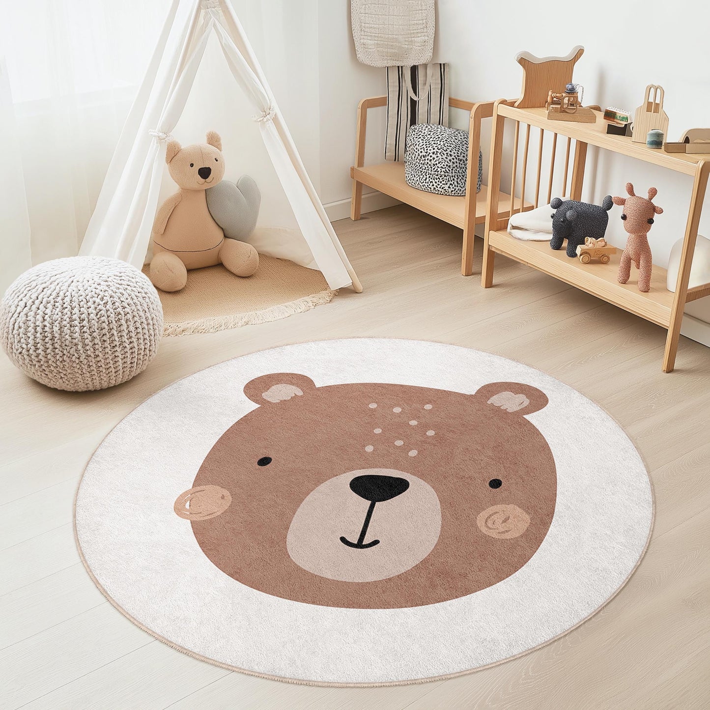 Runder Kinderteppich mit niedlichem Bärenmotiv, bezaubernde Spielmatte mit Bärenmotiv, runder Kinderzimmerteppich, weiche Kinderzimmerdekoration, Teppich mit Tiermotiv, Spielzimmeraccessoire