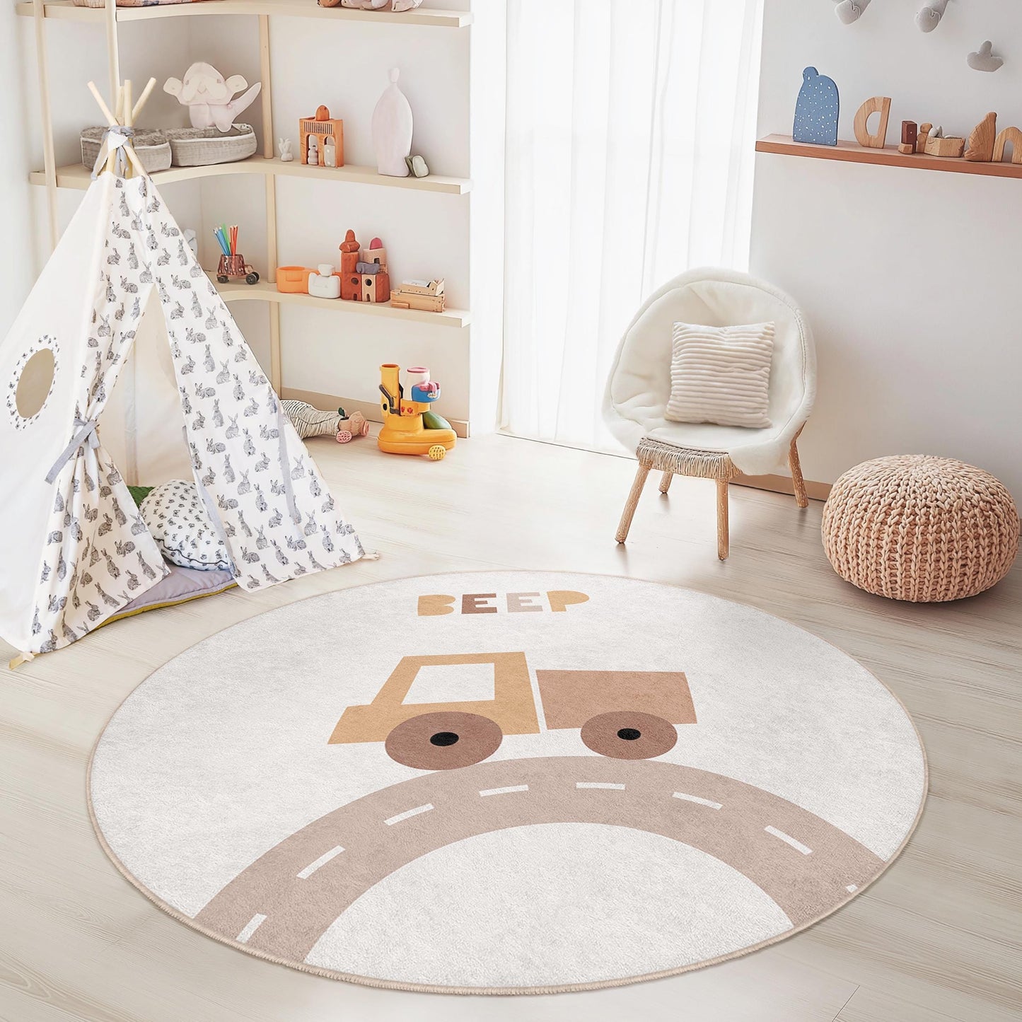 Runder Spielteppich mit Beep-Truck-Motiv, weicher Kinderzimmerteppich, interaktive Spielmatte für Kleinkinder, runde Spielzimmerdekoration, Kinderzimmerteppich