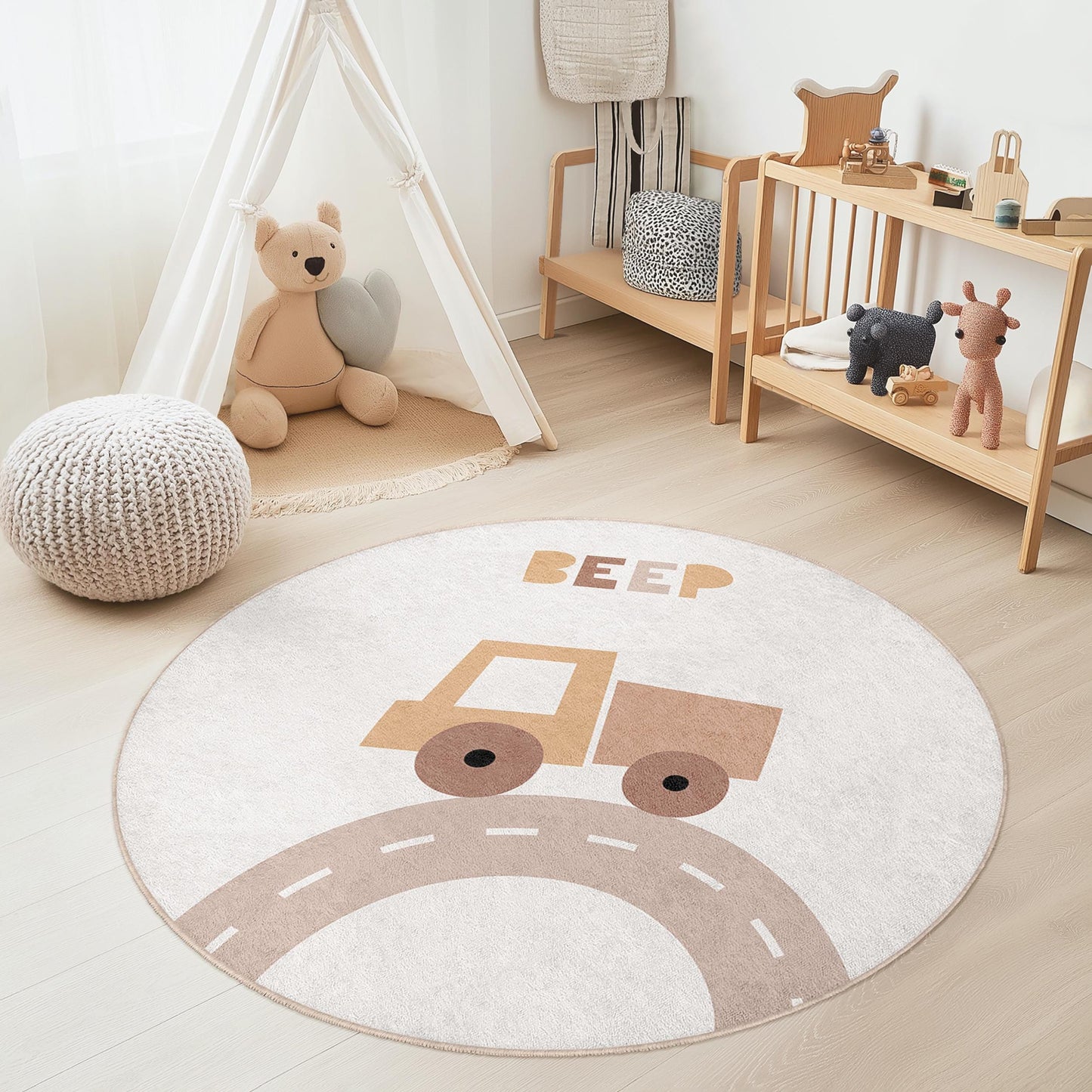 Runder Spielteppich mit Beep-Truck-Motiv, weicher Kinderzimmerteppich, interaktive Spielmatte für Kleinkinder, runde Spielzimmerdekoration, Kinderzimmerteppich