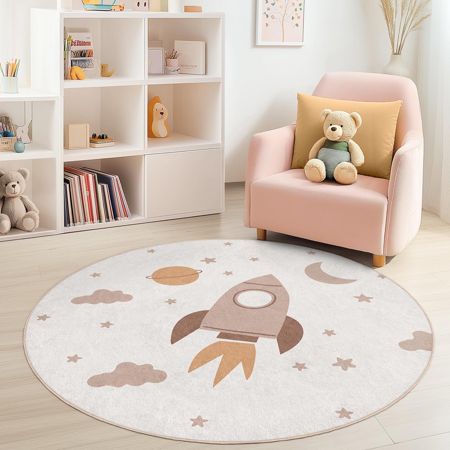 Runder Kinderteppich „Raketenabenteuer“, Weltraum-Kinderzimmerteppich, Spielzimmerdeko, weicher Teppich fürs Kinderzimmer, Spielmatte „Kosmisches Kinderspiel“