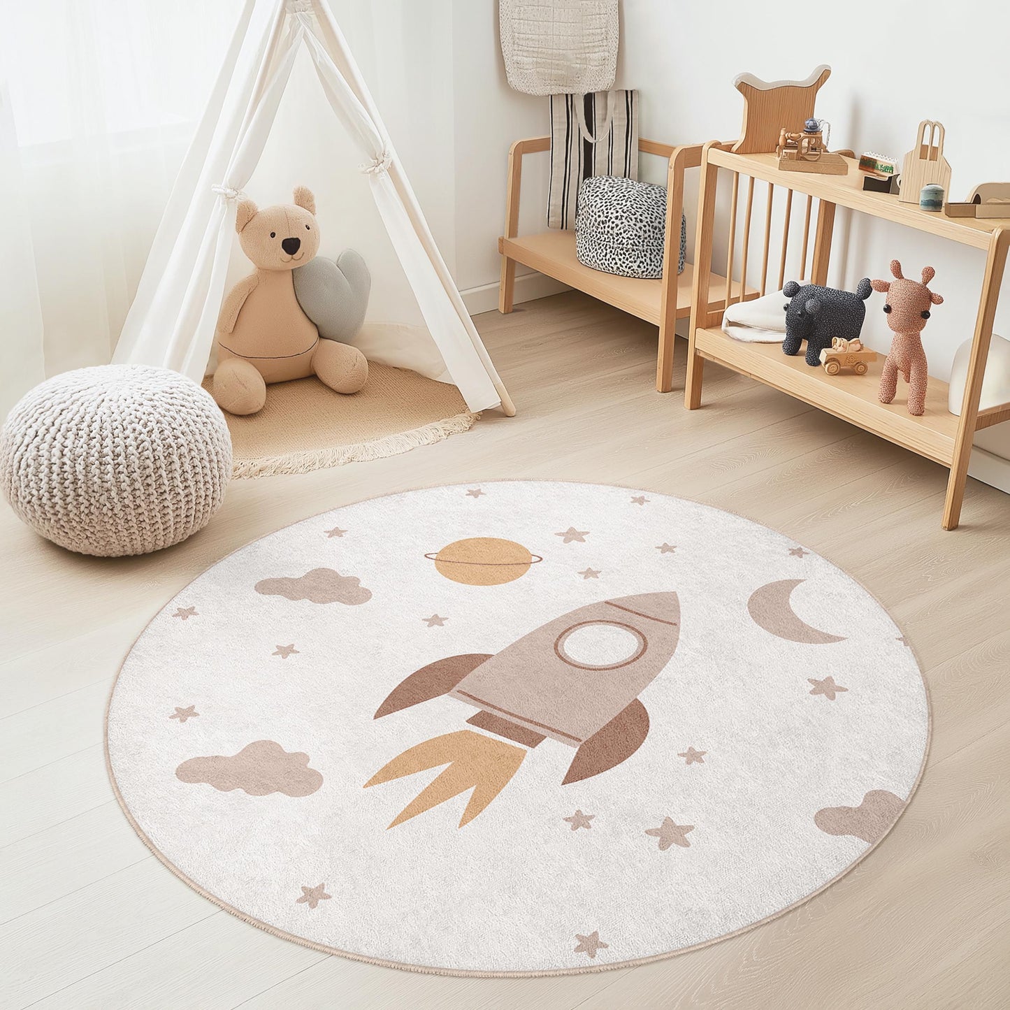 Runder Kinderteppich „Raketenabenteuer“, Weltraum-Kinderzimmerteppich, Spielzimmerdeko, weicher Teppich fürs Kinderzimmer, Spielmatte „Kosmisches Kinderspiel“