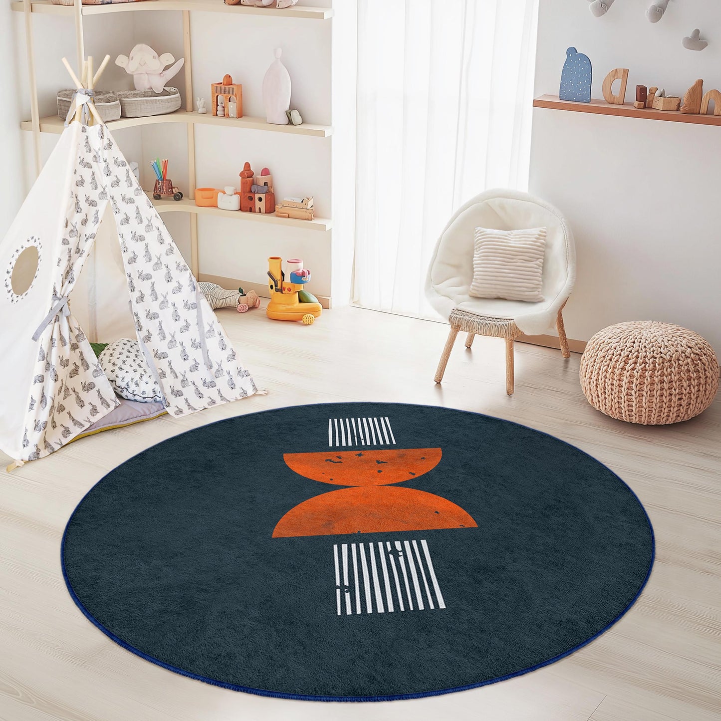 Geometrischer runder Kinderzimmerteppich, moderne Spielmatte, runder Teppich fürs Babyzimmer, weicher Teppich, Kinderzimmerdeko, Spielzimmerboden