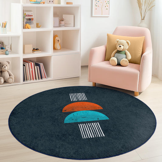 Geometric Circle Area Rug, Modern Round Rug for Kids Room, Colorful Playroom Decor, Soft Nursery Rug, Stylish Home Accent