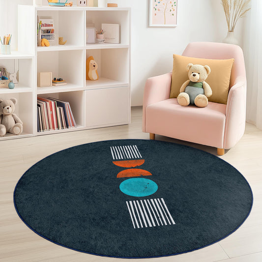 Colorful Geometric Round Kids Rug, Playful Circle Area Rug, Soft Round Carpet for Kids Room, Nursery Decor, Playroom Flooring