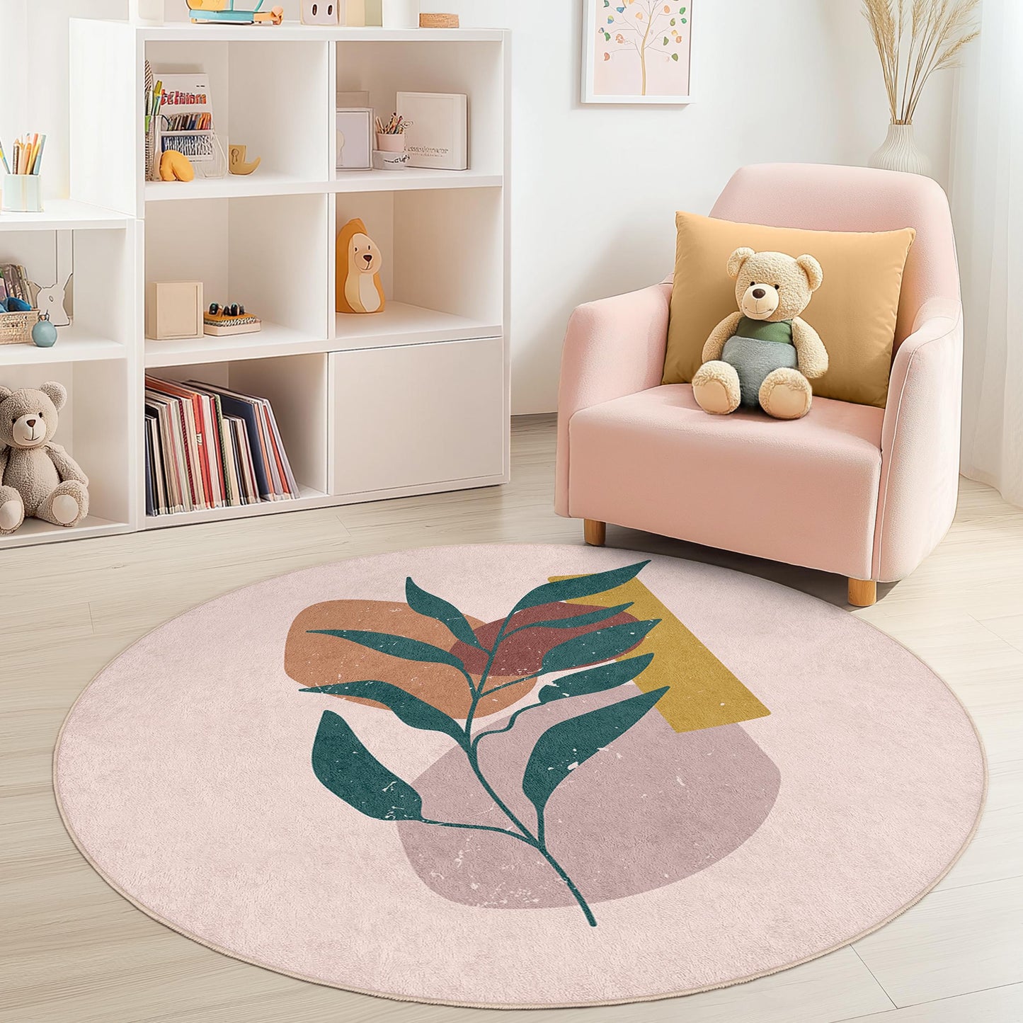 Runder Teppich mit abstraktem Blattmuster für Kinderzimmer, moderner runder Teppich mit Blumenmuster, Spielzimmerdekoration, Kinderzimmerteppich, weiche runde Matte
