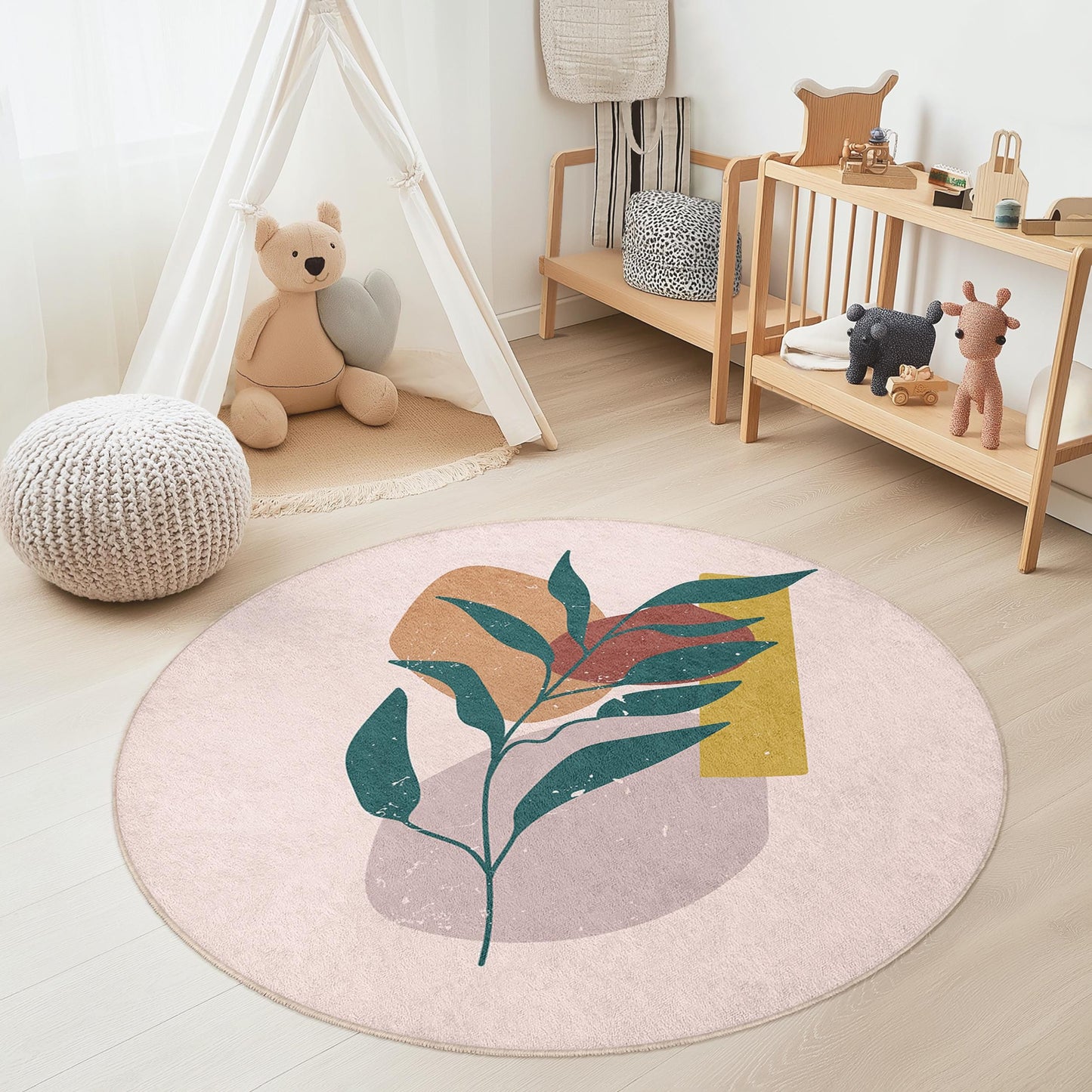 Runder Teppich mit abstraktem Blattmuster für Kinderzimmer, moderner runder Teppich mit Blumenmuster, Spielzimmerdekoration, Kinderzimmerteppich, weiche runde Matte