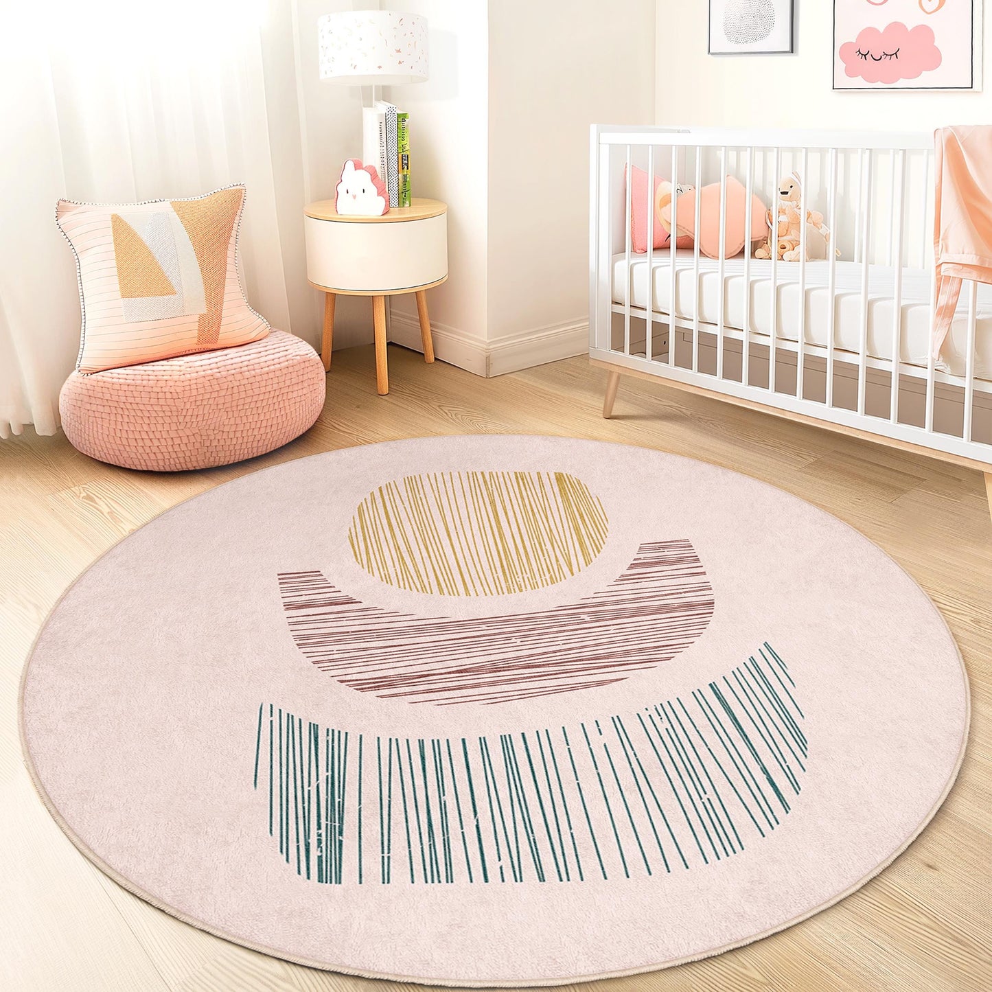 Moderner runder Kinderteppich, Spielzimmerteppich mit abstrakten Formen, weiche Spielmatte, runder Spielbereichsteppich, Boho-Kinderzimmerdeko