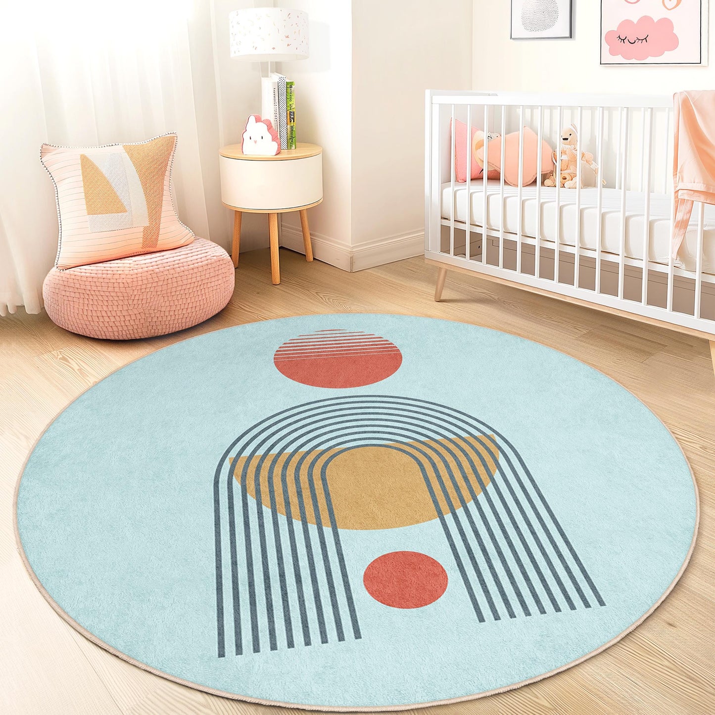Runder Kinderteppich mit geometrischen Formen, bunte Spielmatte, weicher Kinderzimmerteppich, Teppich fürs Kleinkinderzimmer, Babyzimmerdekoration