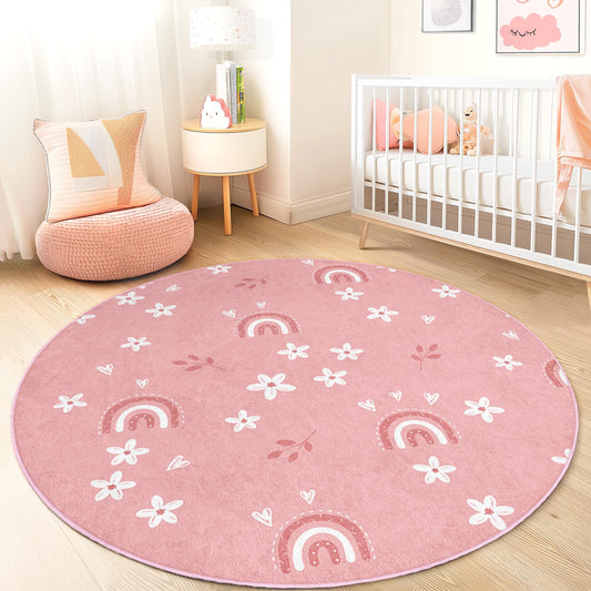 Cute Pink Rainbow Floral Round Kids Rug, Playful Flower Pattern Round Rug, Nursery Decor, Baby Room Carpet, Kids Room Accessory