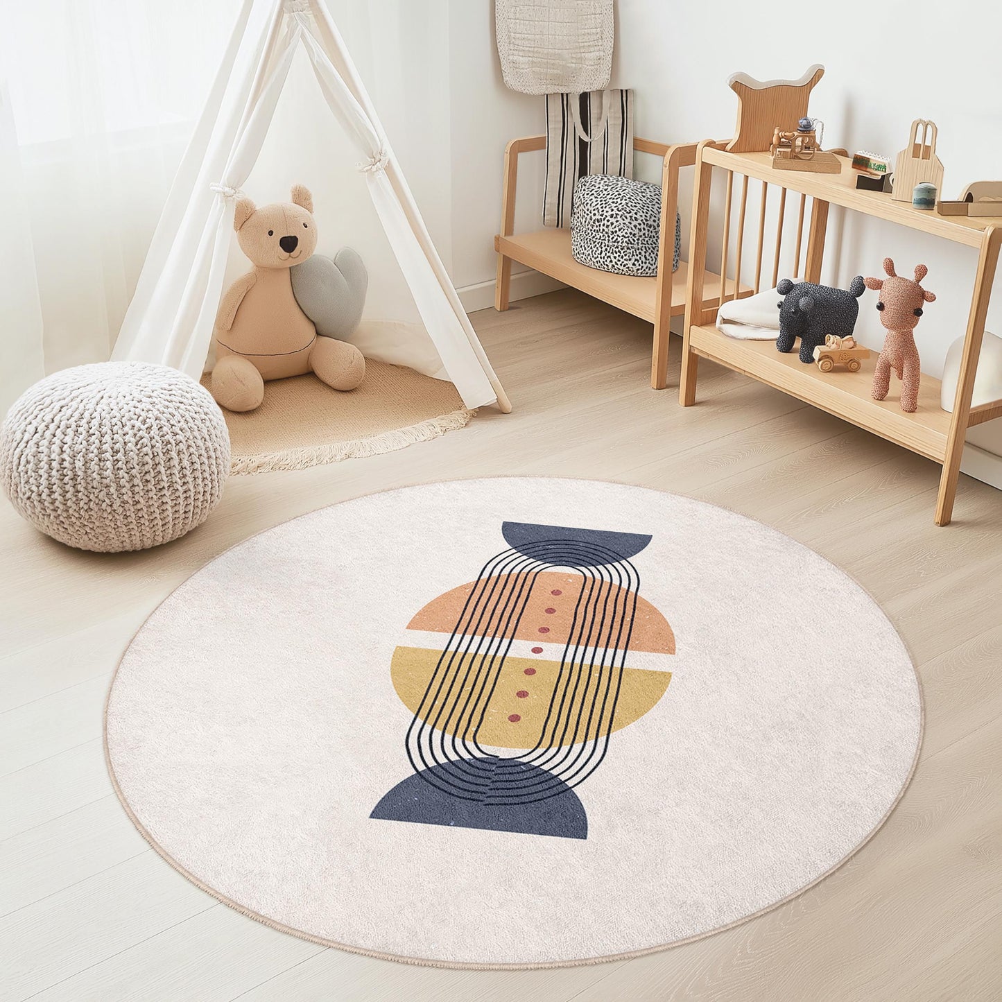 Moderner, geometrischer, runder Teppich, stilvoller runder Teppich fürs Kinderzimmer, weiche Spielmatte, Kinderzimmerdekoration, Spielzimmerteppich, Kinderzimmerdeko