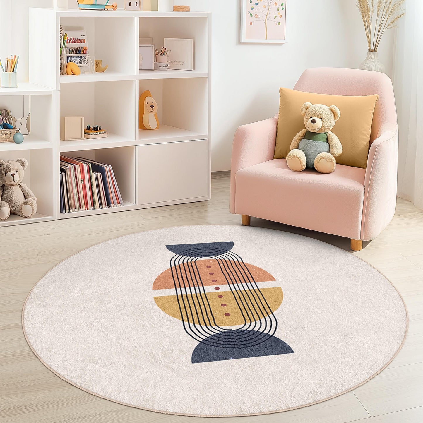 Moderner, geometrischer, runder Teppich, stilvoller runder Teppich fürs Kinderzimmer, weiche Spielmatte, Kinderzimmerdekoration, Spielzimmerteppich, Kinderzimmerdeko