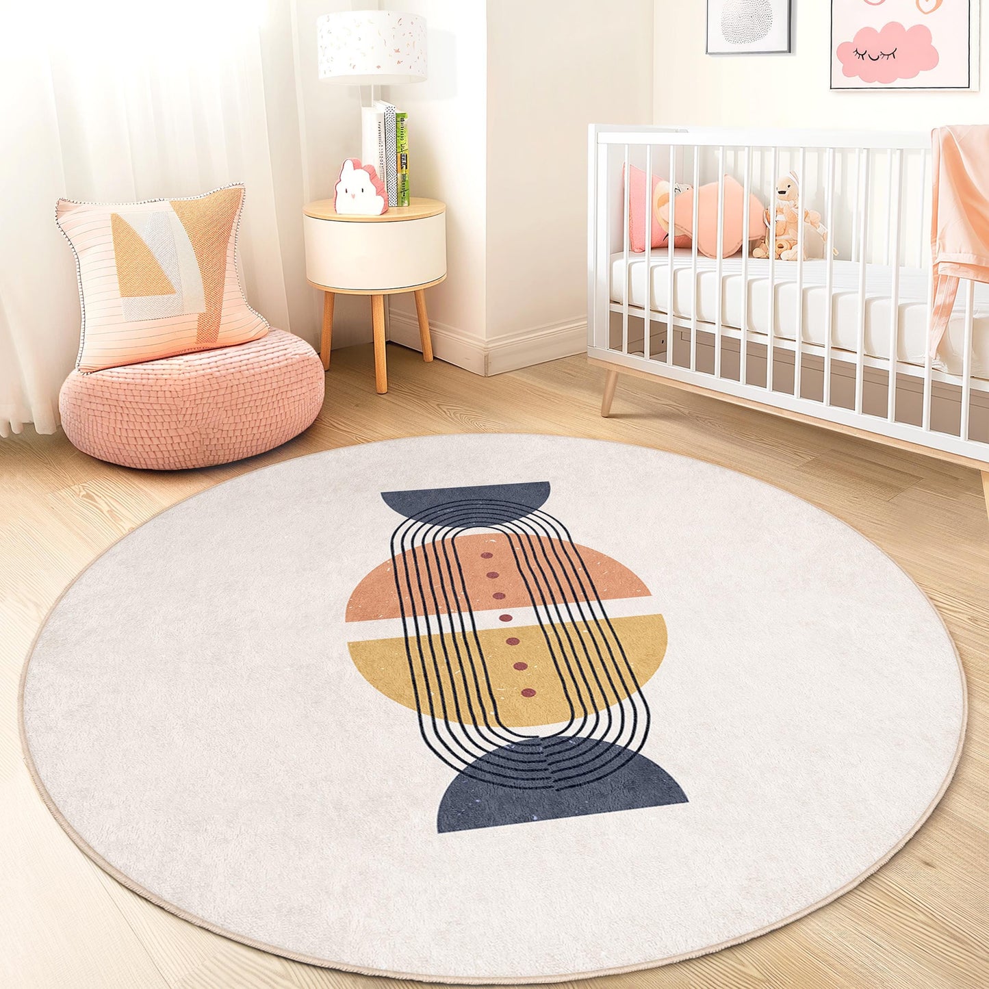 Moderner, geometrischer, runder Teppich, stilvoller runder Teppich fürs Kinderzimmer, weiche Spielmatte, Kinderzimmerdekoration, Spielzimmerteppich, Kinderzimmerdeko