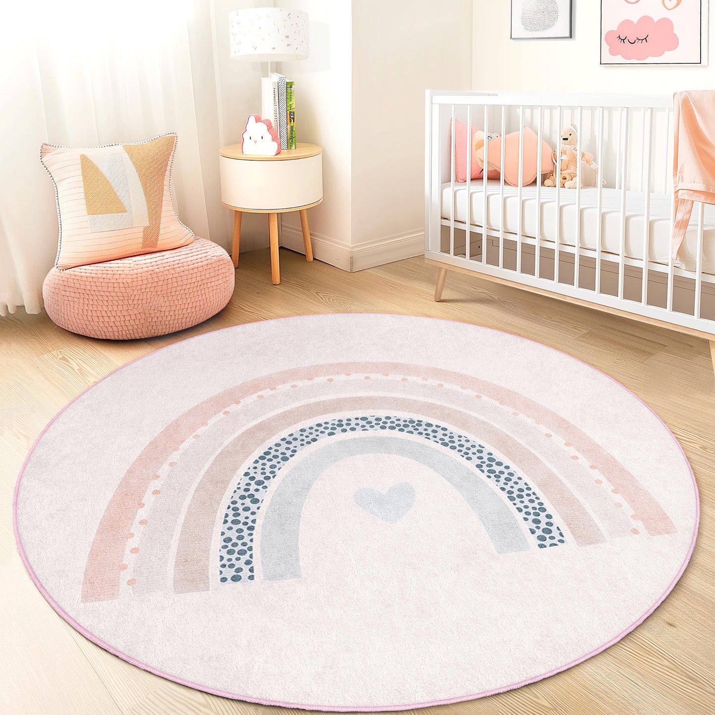 Runder Kinderteppich mit Regenbogenmuster, weicher Teppich fürs Kinderzimmer, Spielmatte, verspielte Kinderzimmerdekoration, pastellfarbener Regenbogen-Teppich