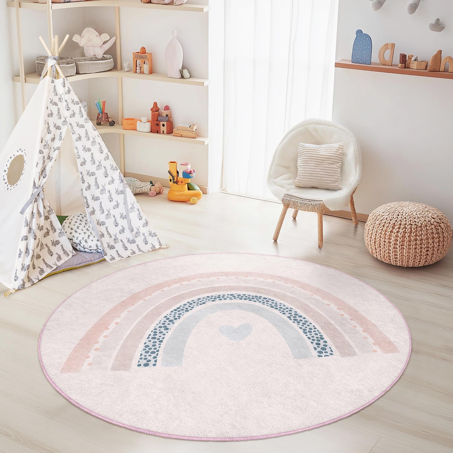 Runder Kinderteppich mit Regenbogenmuster, weicher Teppich fürs Kinderzimmer, Spielmatte, verspielte Kinderzimmerdekoration, pastellfarbener Regenbogen-Teppich