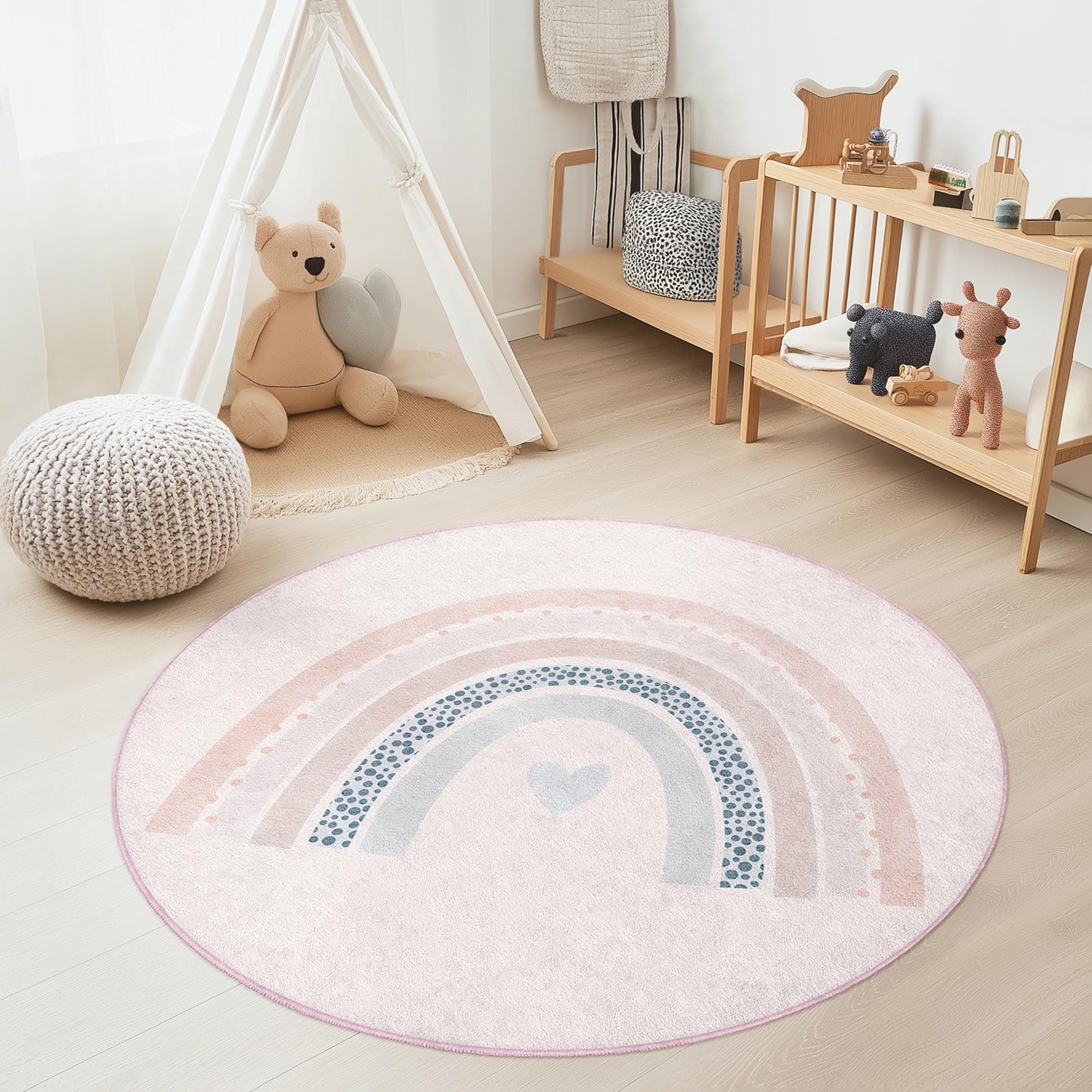 Rainbow Pattern Round Kids Rug, Soft Nursery Carpet, Playroom Mat, Playful Kids Room Decor, Pastel Rainbow Area Rug