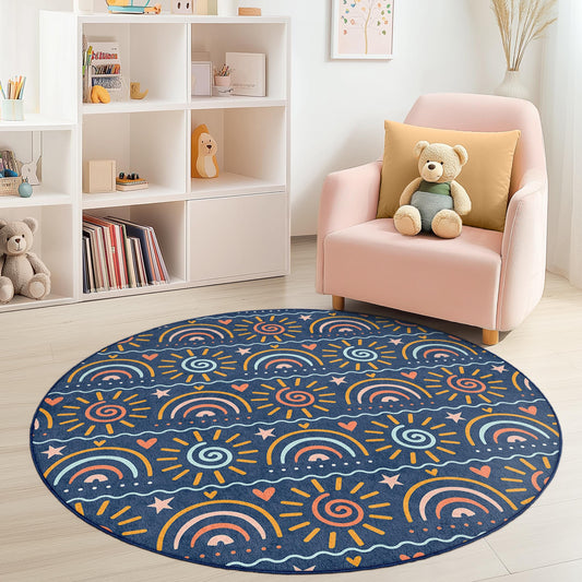 Rainbow Sunshine Round Kids Rug, Colorful Playroom Carpet, Nursery Decor, Happy Kids Area Rug, Play Mat for Toddlers