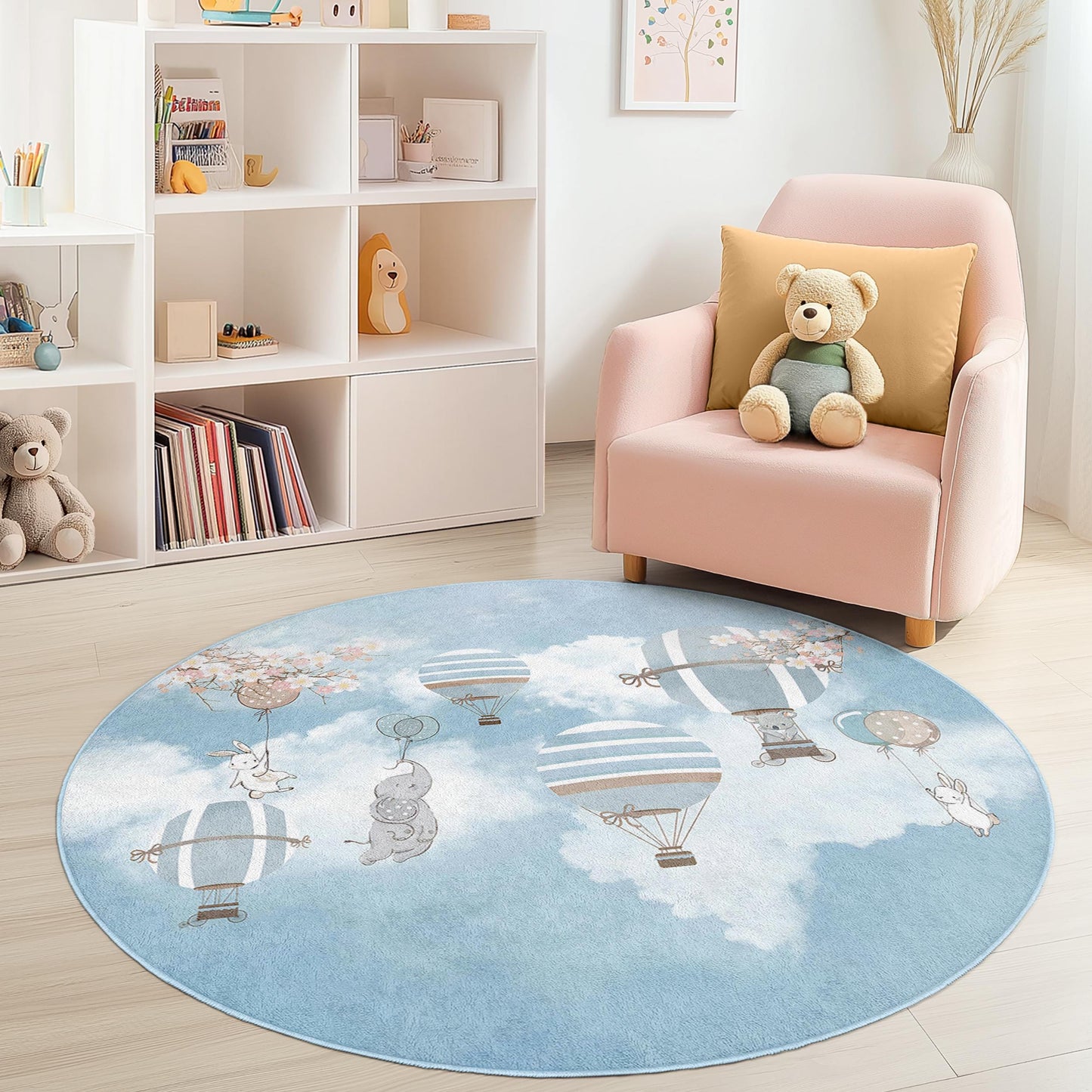 Runder Kinderteppich mit Heißluftballonmotiv, Kinderzimmerdeko, weiche Spielmatte für Kinder, niedlicher Cartoon-Teppich, Bodenbelag für Babyzimmer