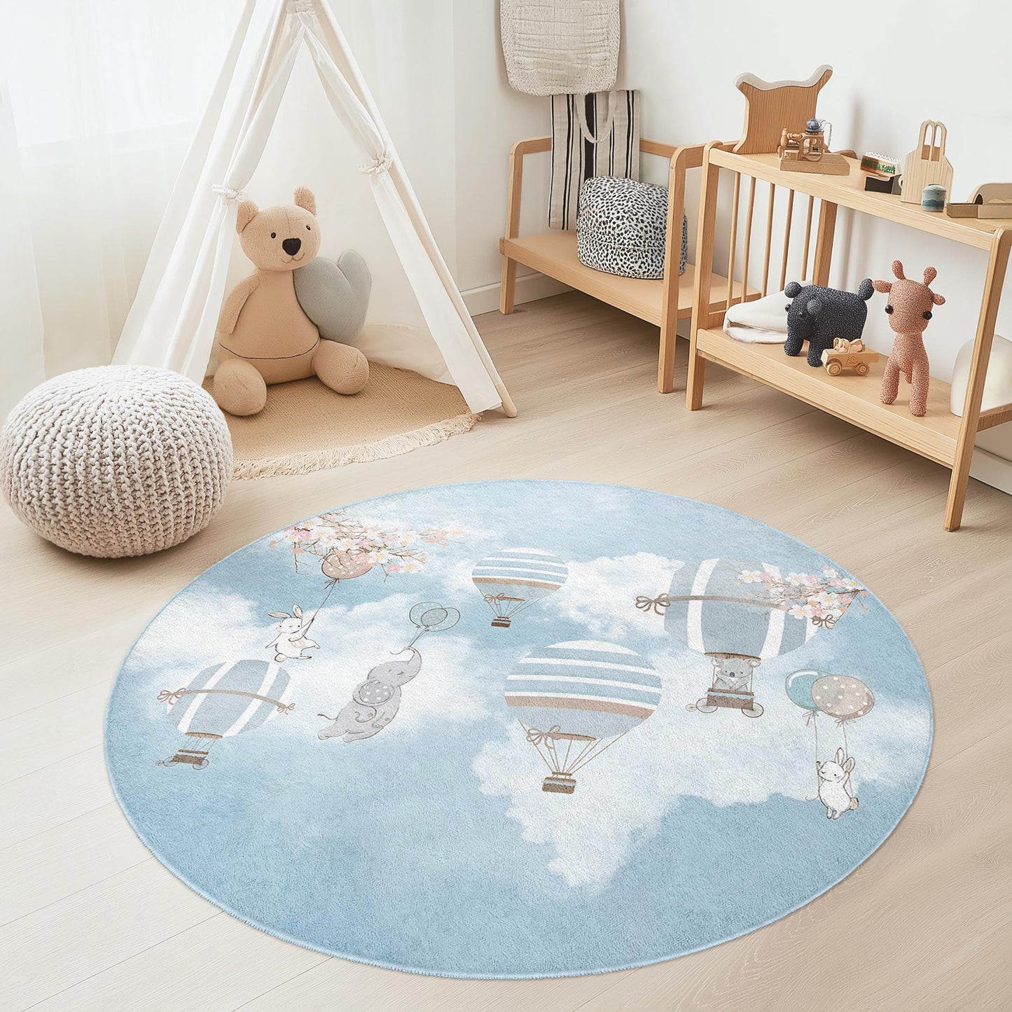 Runder Kinderteppich mit Heißluftballonmotiv, Kinderzimmerdeko, weiche Spielmatte für Kinder, niedlicher Cartoon-Teppich, Bodenbelag für Babyzimmer