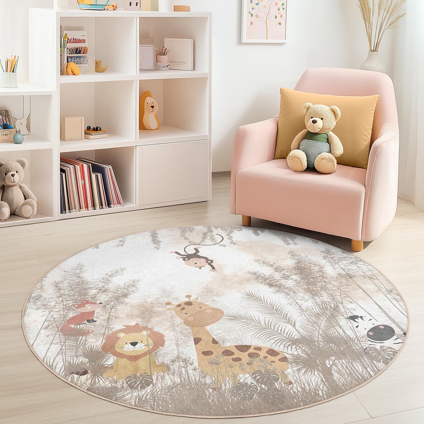 Runder Kinderteppich mit niedlichen Safari-Tieren, Spielmatte mit Tiermotiven, Kinderzimmerdeko, weicher runder Teppich fürs Kinderzimmer, Dschungeltierteppich