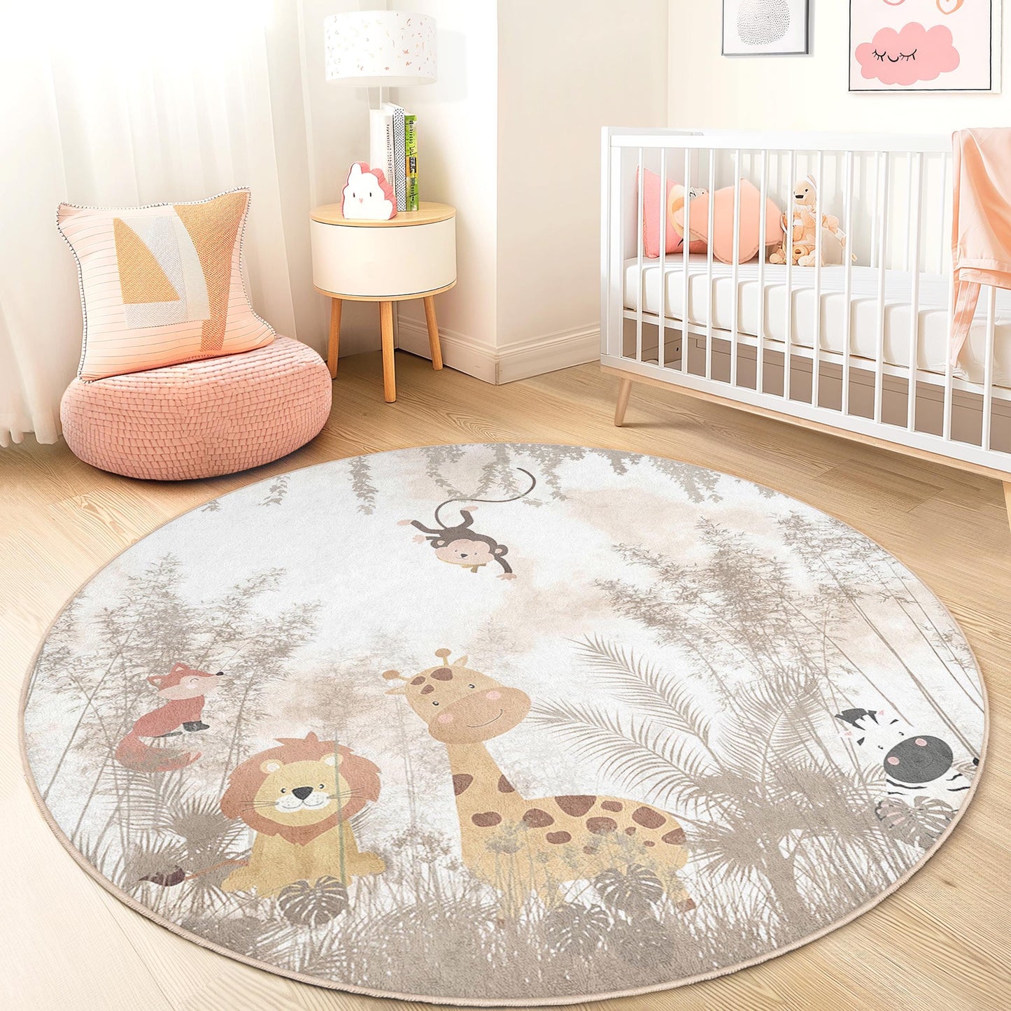 Runder Kinderteppich mit niedlichen Safari-Tieren, Spielmatte mit Tiermotiven, Kinderzimmerdeko, weicher runder Teppich fürs Kinderzimmer, Dschungeltierteppich