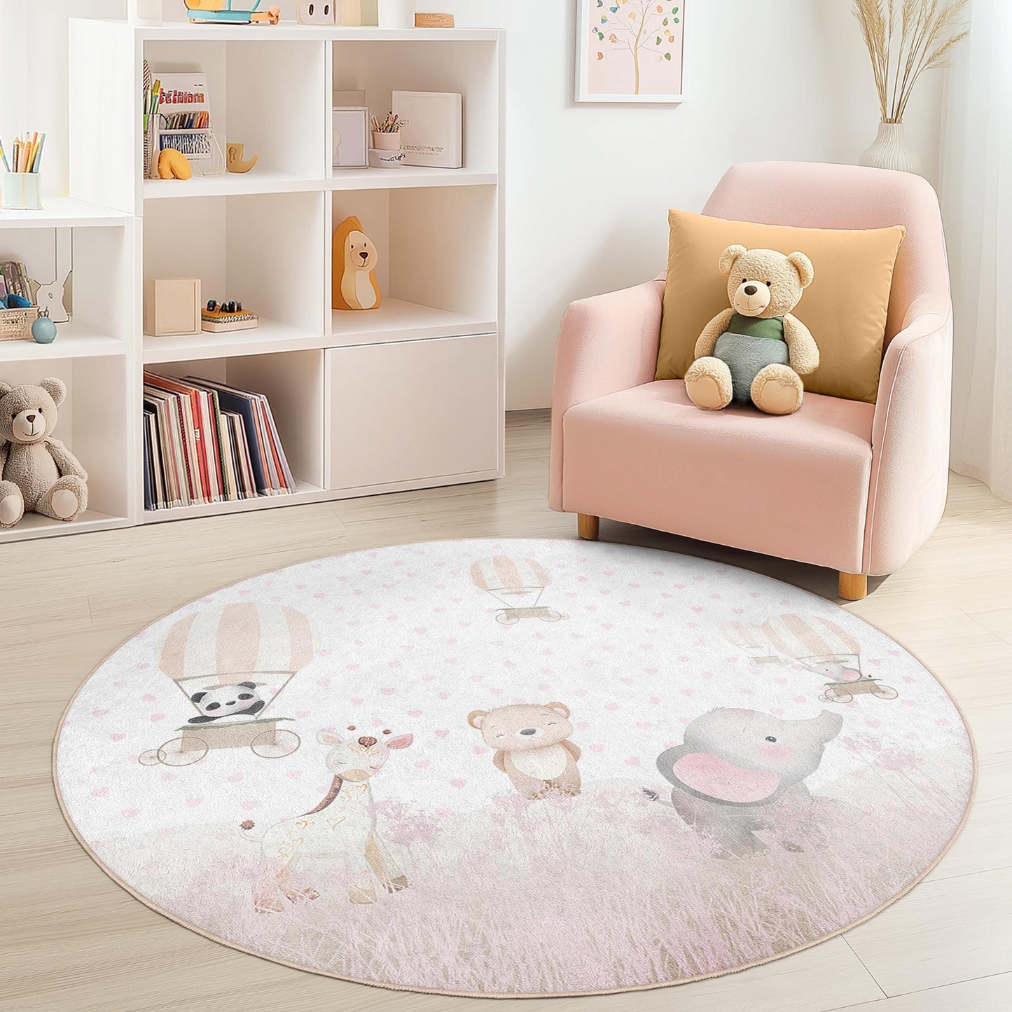 Niedlicher runder Teppich mit Tiermotiv und Heißluftballon für Kinder, verspielte Kinderzimmerdekoration, weicher runder Teppich für Kinderzimmer, Babyzimmerteppich