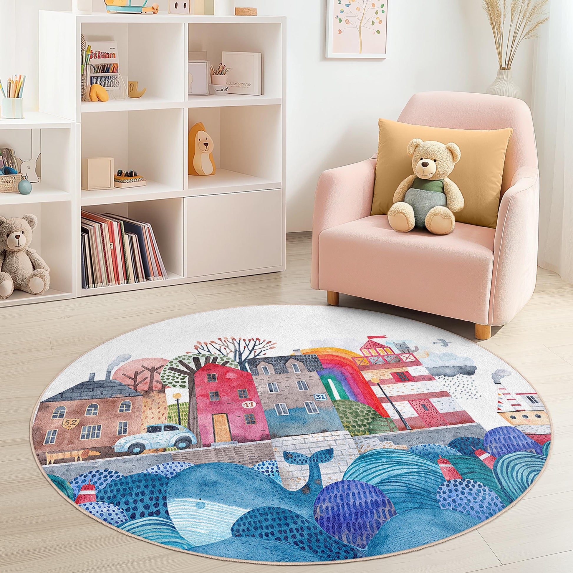 Whimsical Coastal Town Round Kids Rug, Colorful Beach House Rug, Playroom Decor, Nautical Theme Carpet, Soft Nursery Mat