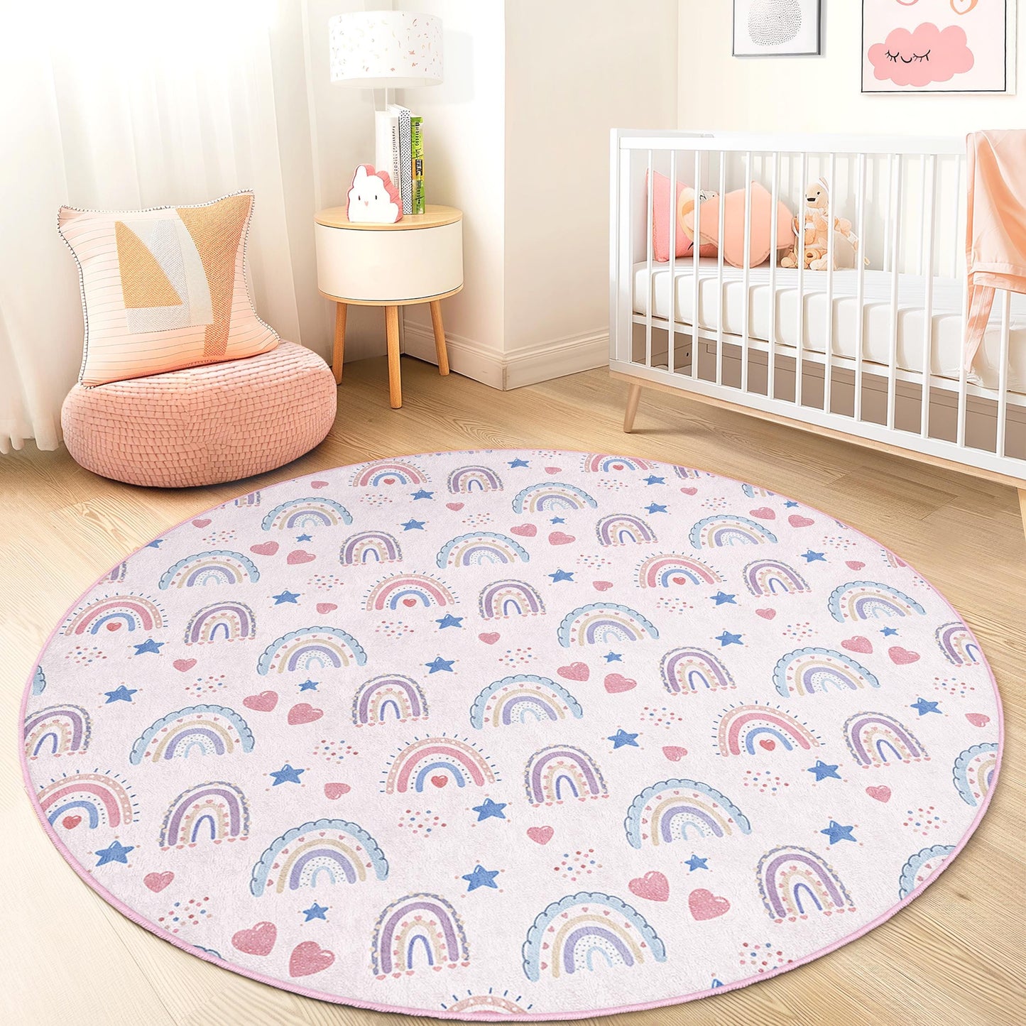 Runder, weicher Kinderteppich „Regenbogenträume“, bunter Regenbogen-Teppich, Spielzimmer-Deko, Kinderzimmerteppich, Teppich für Kleinkinderzimmer, Spielmatte