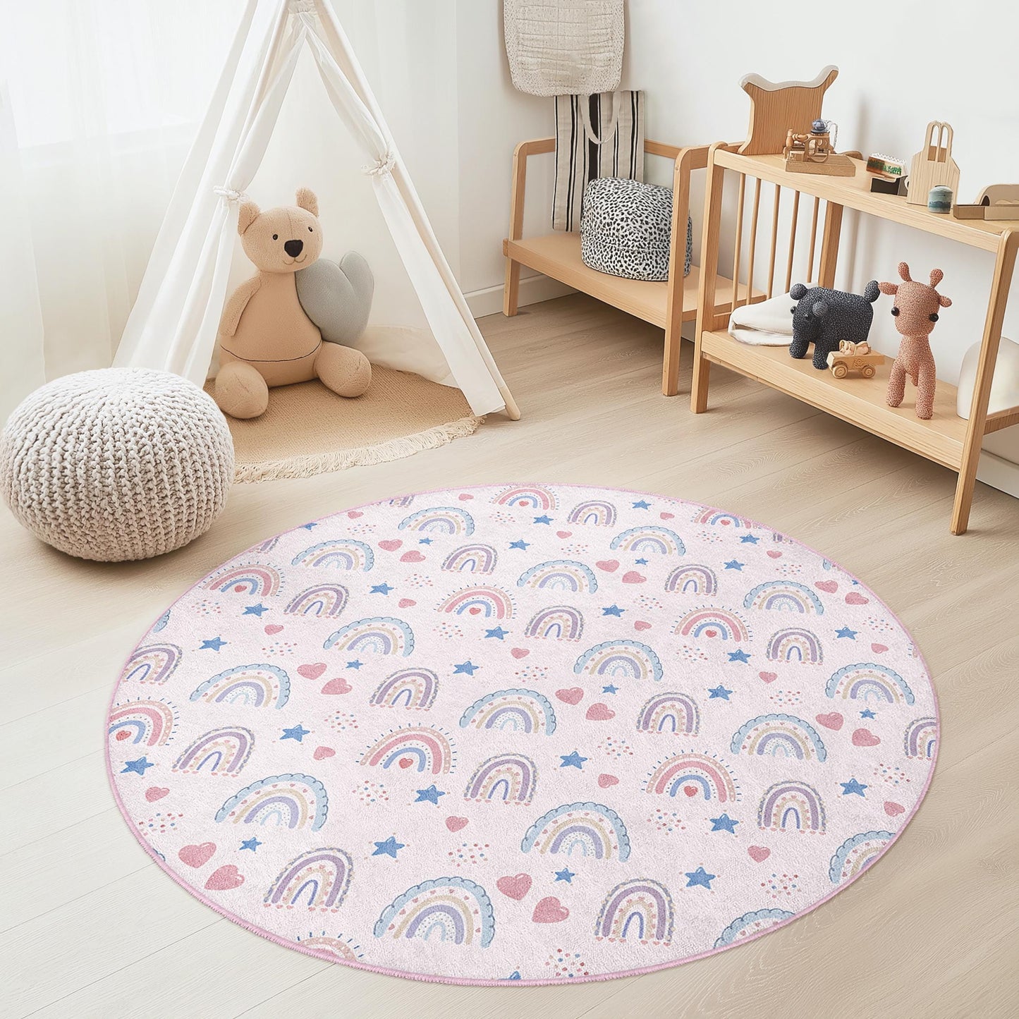 Runder, weicher Kinderteppich „Regenbogenträume“, bunter Regenbogen-Teppich, Spielzimmer-Deko, Kinderzimmerteppich, Teppich für Kleinkinderzimmer, Spielmatte