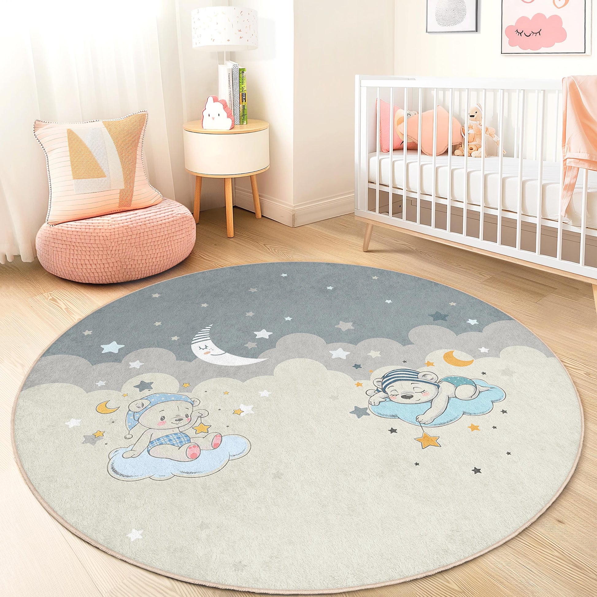 Dreamy Clouds Round Kids Rug, Nursery Decor, Bear Theme Play Mat, Soft Baby Room Carpet, Adorable Kids Room Rug, Sweet Dreams Rug