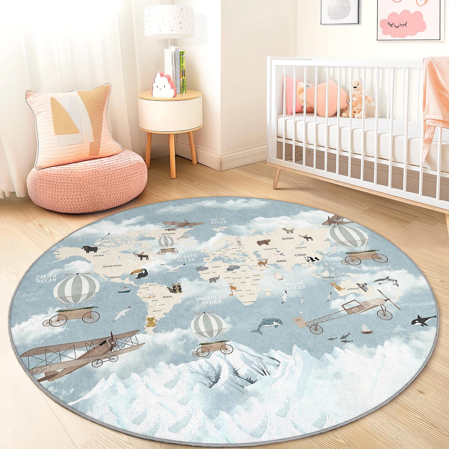 Runder Kinderteppich mit Weltkartenmotiv, Flugzeug- und Heißluftballon-Design, weicher Kinderzimmerteppich, Spielzimmerdekoration, pädagogische Spielmatte