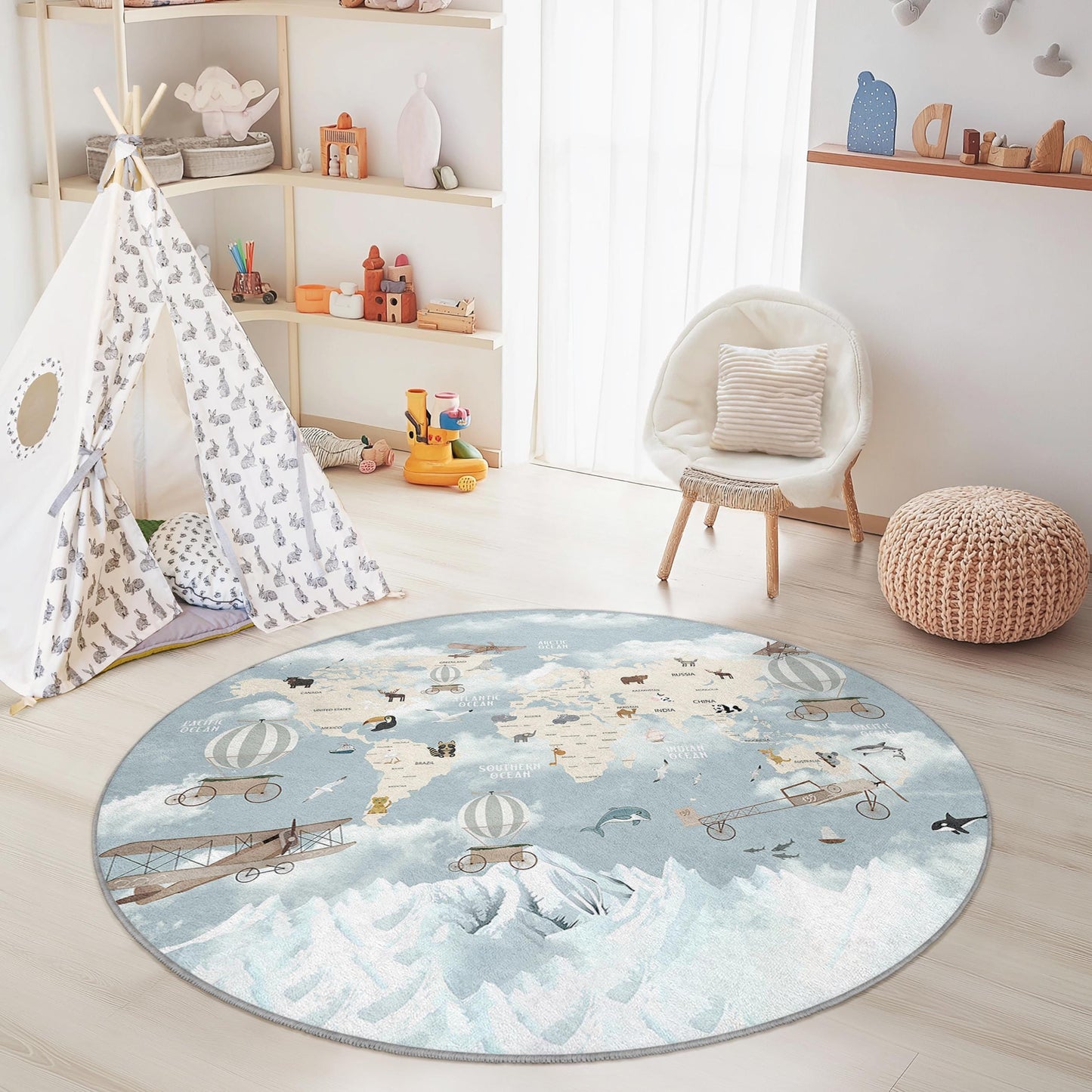 Runder Kinderteppich mit Weltkartenmotiv, Flugzeug- und Heißluftballon-Design, weicher Kinderzimmerteppich, Spielzimmerdekoration, pädagogische Spielmatte