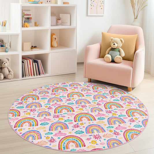 Rainbow Pattern Round Kids Rug, Colorful Playroom Decor, Nursery Carpet, Soft Children's Mat, Round Area Rug for Kids Room