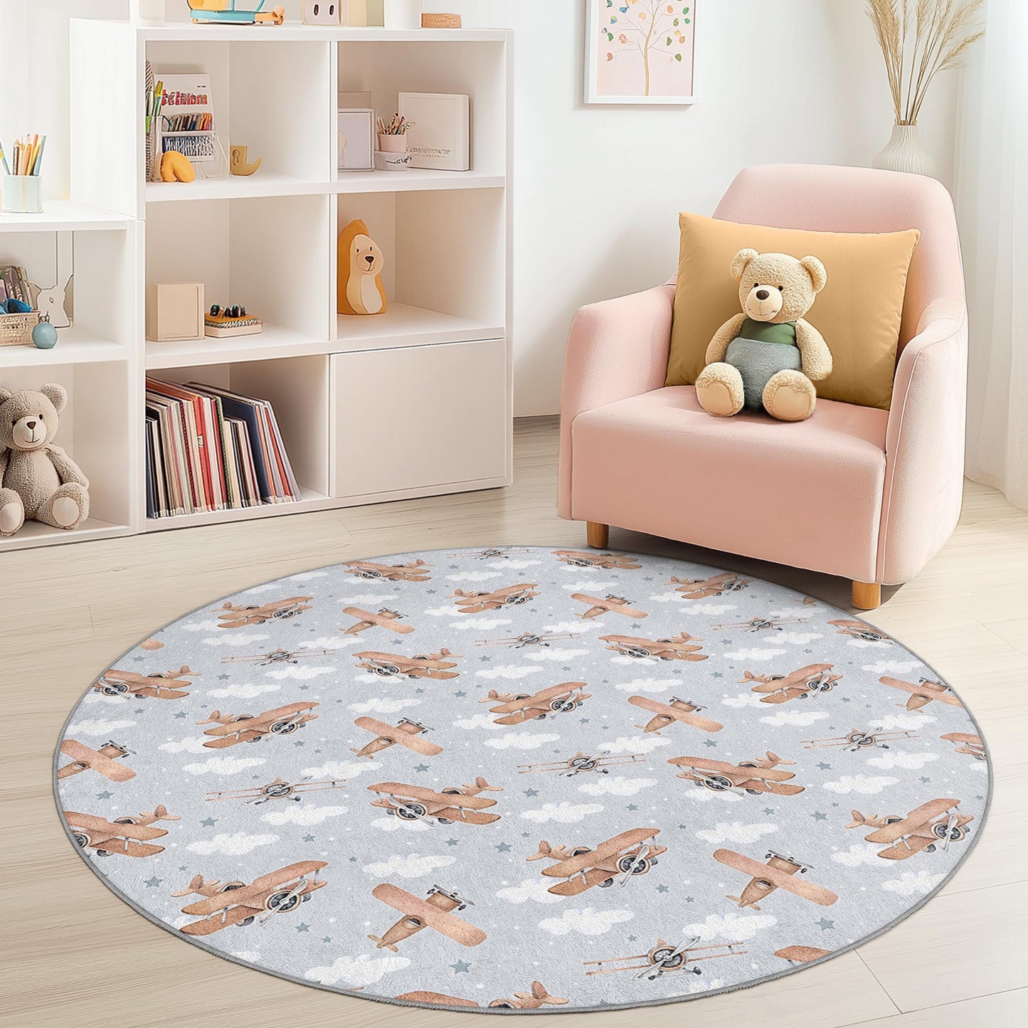 Runder Kinderteppich im Vintage-Flugzeug-Design, Kinderzimmerteppich mit Luftfahrtmotiv, Spielzimmerteppich mit Wolkenmuster, weicher Teppich fürs Kinderzimmer