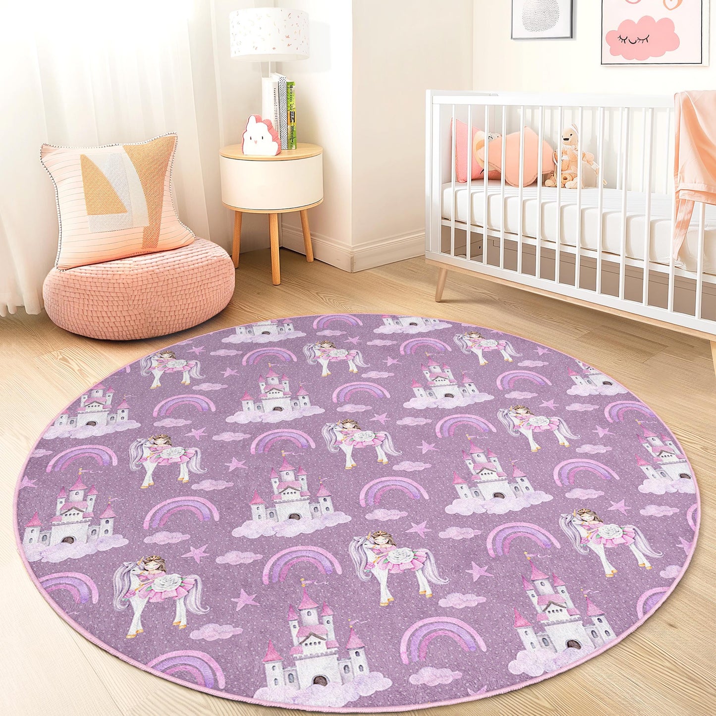 Runder Kinderteppich mit verspieltem Einhorn-Motiv, niedlichem Schloss- und Regenbogenmuster, weiche Spielmatte für Mädchenzimmer, Kinderzimmerdekoration, Spielzimmerteppich