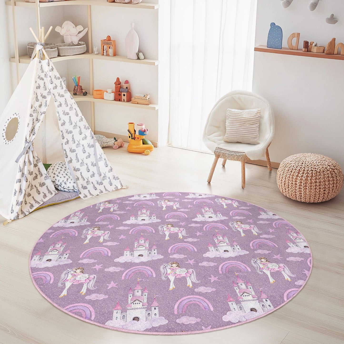 Runder Kinderteppich mit verspieltem Einhorn-Motiv, niedlichem Schloss- und Regenbogenmuster, weiche Spielmatte für Mädchenzimmer, Kinderzimmerdekoration, Spielzimmerteppich