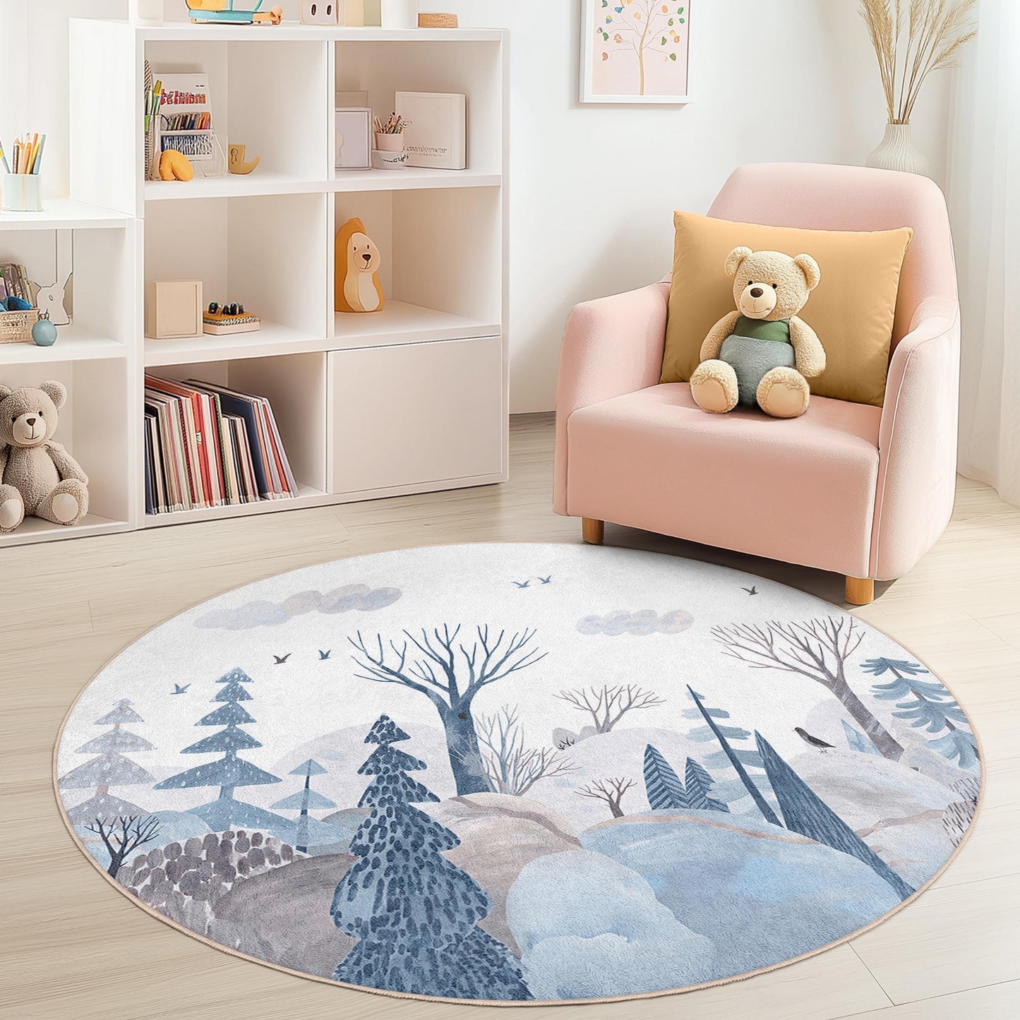 Runder Kinderteppich „Winterwunderland“, gemütlicher Waldteppich fürs Kinderzimmer, weicher Kinderteppich, naturinspirierte Spielmatte, Kinderzimmerdekoration