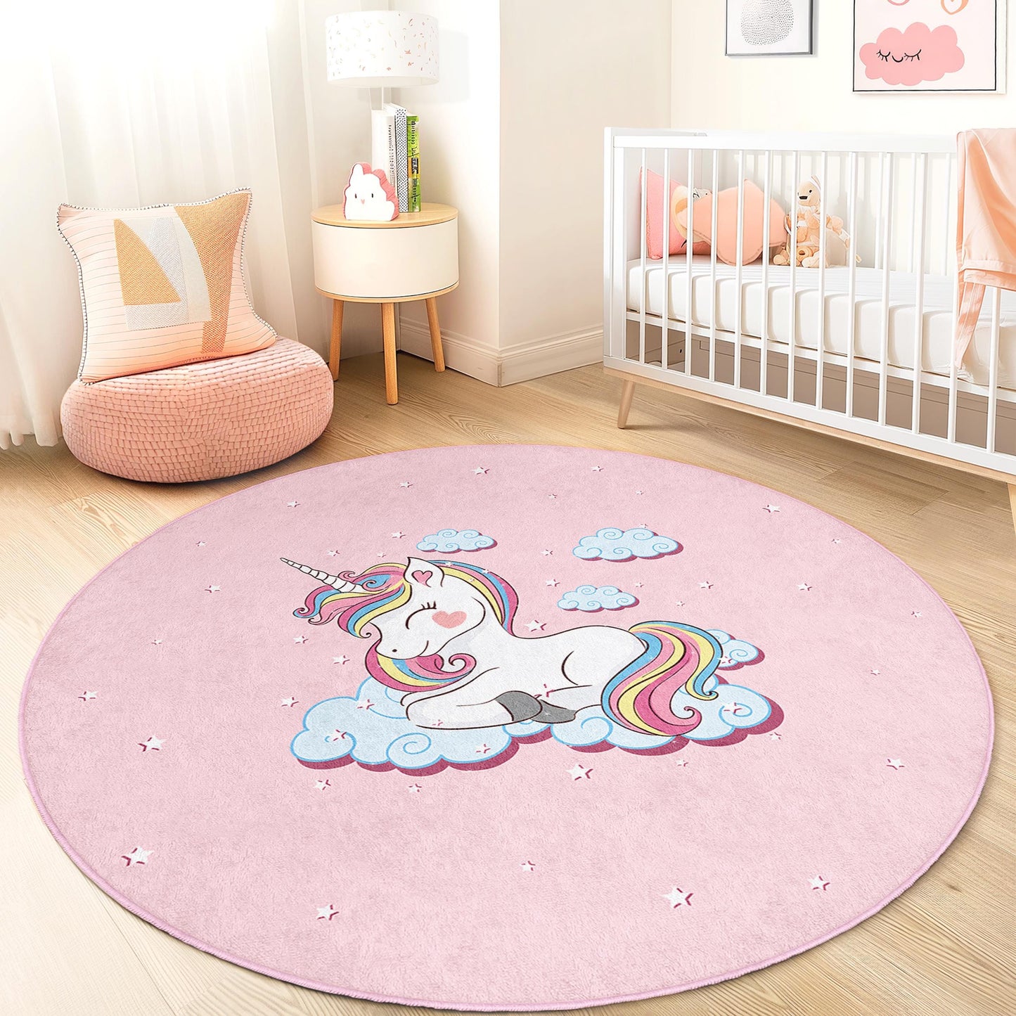 Runder Einhorn-Kinderteppich, rosa Einhorn-Teppich, Spielzimmerdeko, Kinderzimmerteppich, weiche Spielmatte, Mädchenzimmerteppich