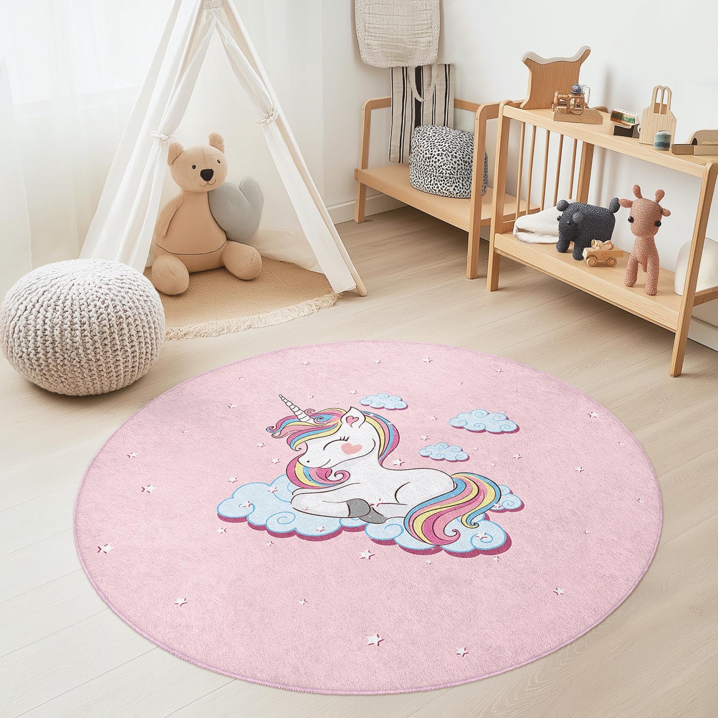 Runder Einhorn-Kinderteppich, rosa Einhorn-Teppich, Spielzimmerdeko, Kinderzimmerteppich, weiche Spielmatte, Mädchenzimmerteppich