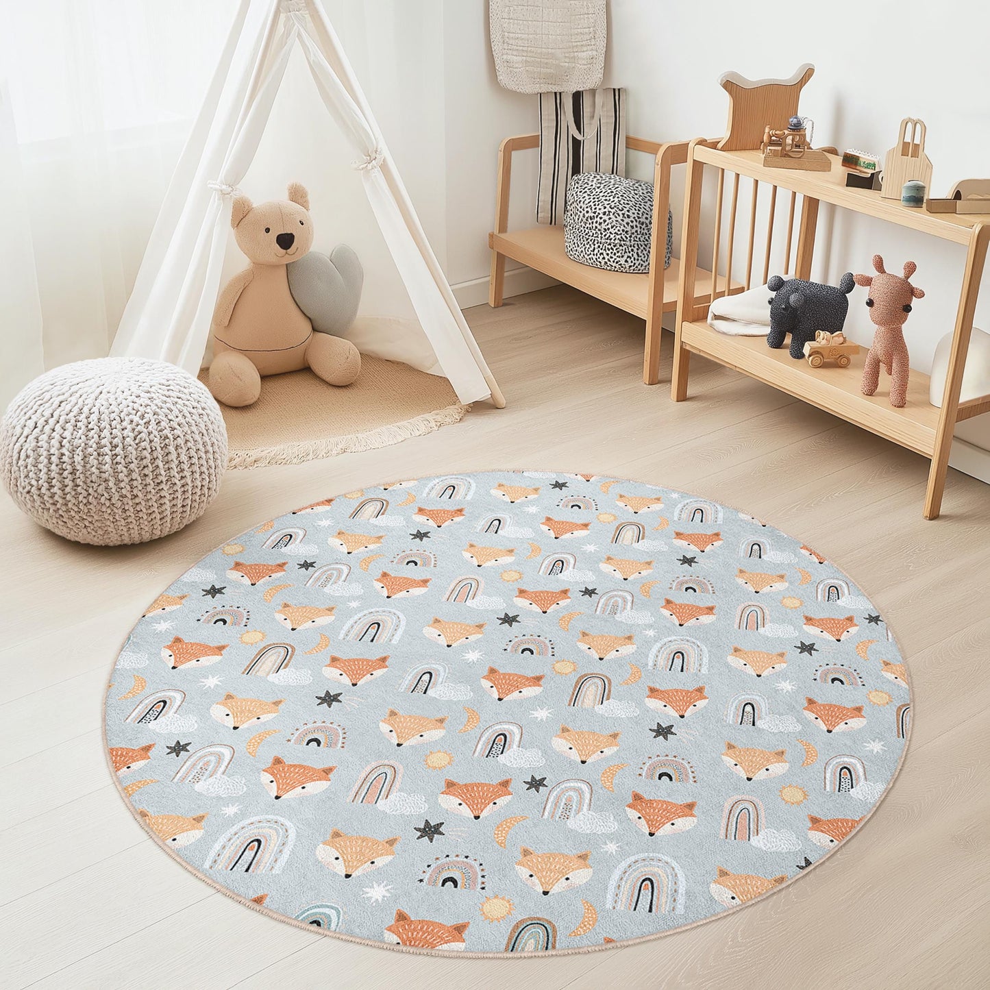 Runder Kinderteppich mit verspieltem Fuchsmotiv, niedlicher Teppich mit Fuchsmuster, Spielzimmerdeko, runder Kinderzimmerteppich