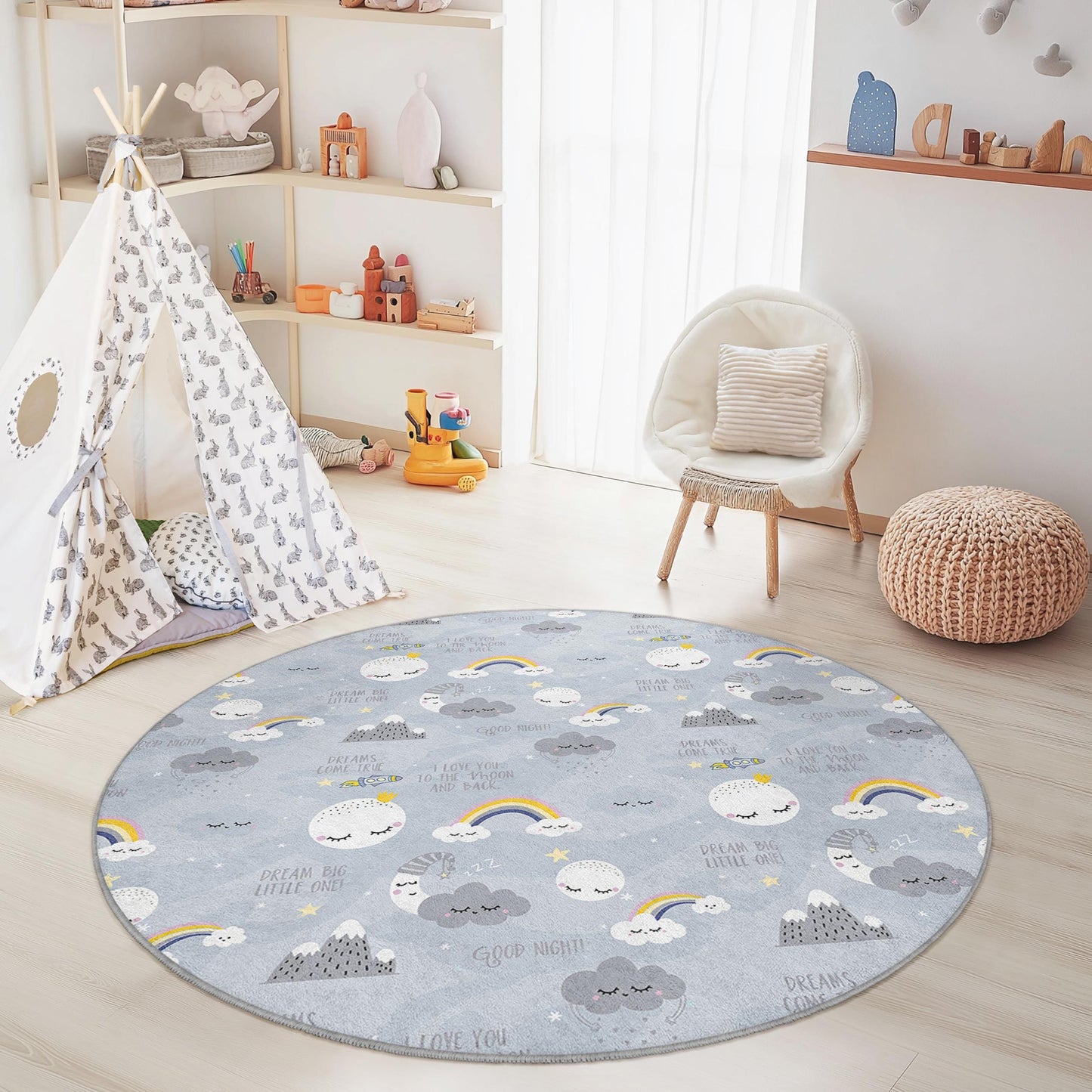 Runder Spielteppich „Traumhafte Wolken“, lustiges Regenbogenmuster, weiche und kuschelige Spielmatte fürs Kinderzimmer, Kinderzimmerdeko