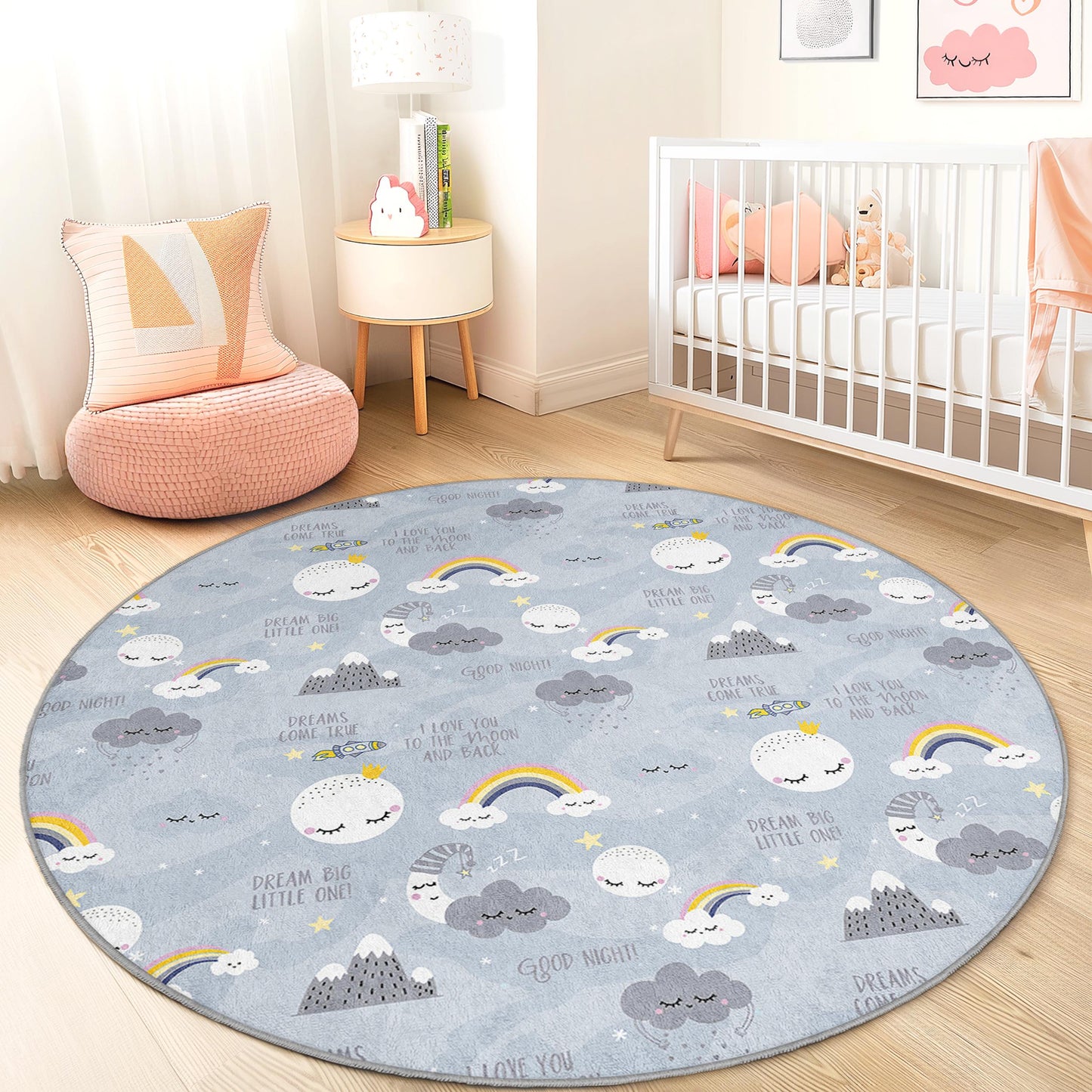 Runder Spielteppich „Traumhafte Wolken“, lustiges Regenbogenmuster, weiche und kuschelige Spielmatte fürs Kinderzimmer, Kinderzimmerdeko