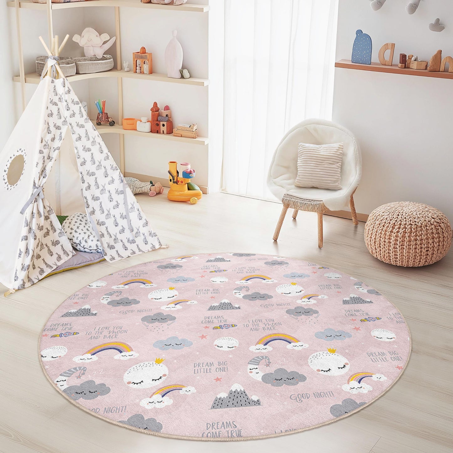 Runder Kinderteppich „Traumhafte Wolken“, Regenbogen-Kinderzimmerteppich, weiche Spielmatte für Kinder, niedliche Babyzimmerdeko, Kinderzimmeraccessoires