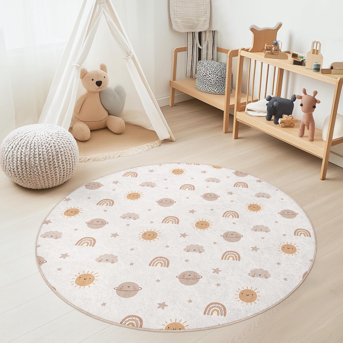 Runder Kinderspielteppich „Sunshine Skies“, Regenbogen- und Planetenmotiv, weicher Teppich fürs Kinderzimmer, Babyzimmerdekoration, Spielmatte für Kinder
