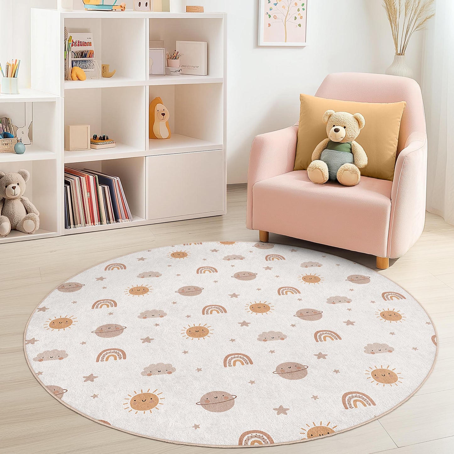 Sunny Skies Round Kids Play Rug, Rainbow and Planet Design, Soft Nursery Carpet, Baby Room Decor, Playroom Mat for Children