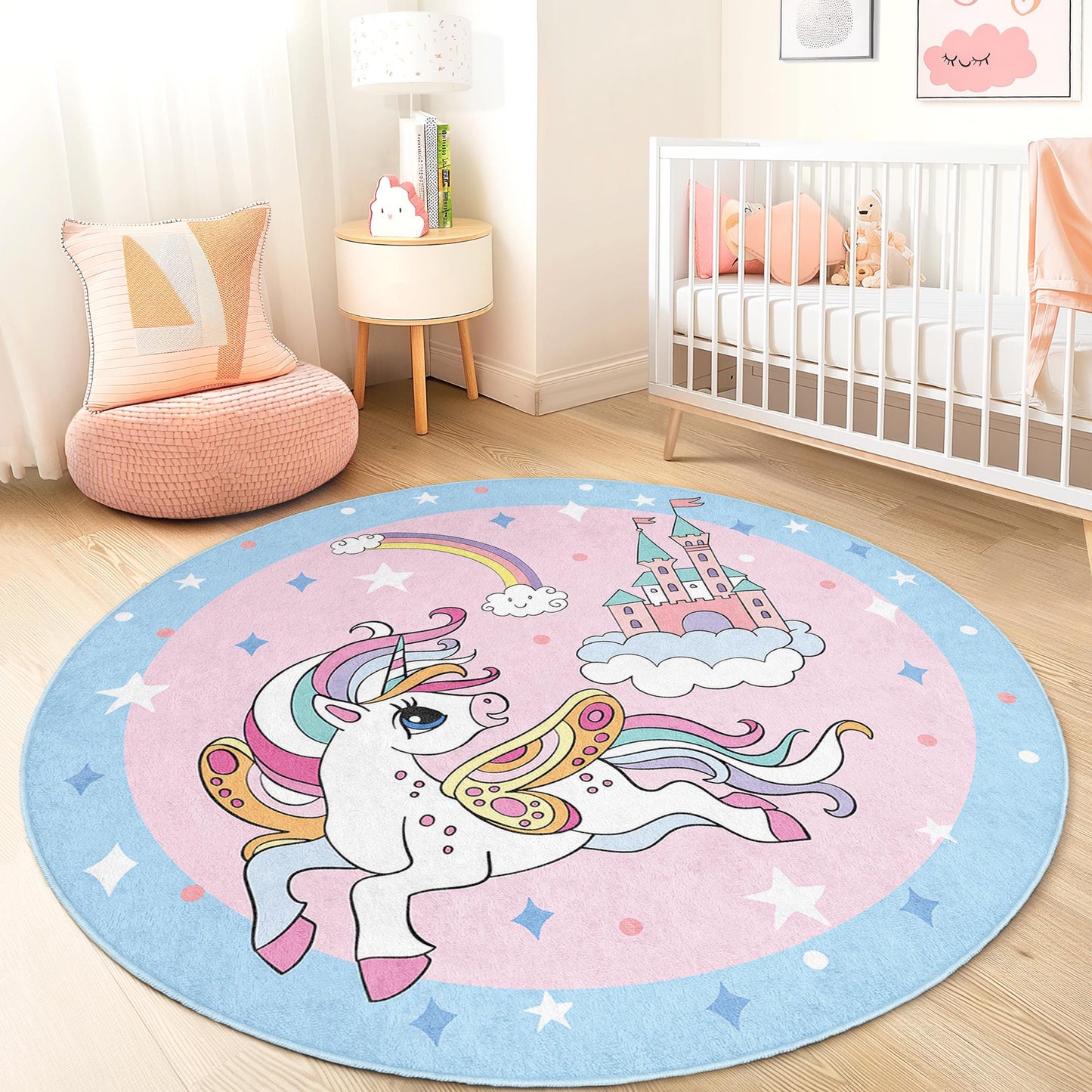 Runder Zauber-Einhorn-Kinderteppich, Märchenhafter Kinderteppich, Spielzimmerdeko, Kinderzimmerteppich, Fantasiezimmerteppich, Kinderzimmeraccessoires